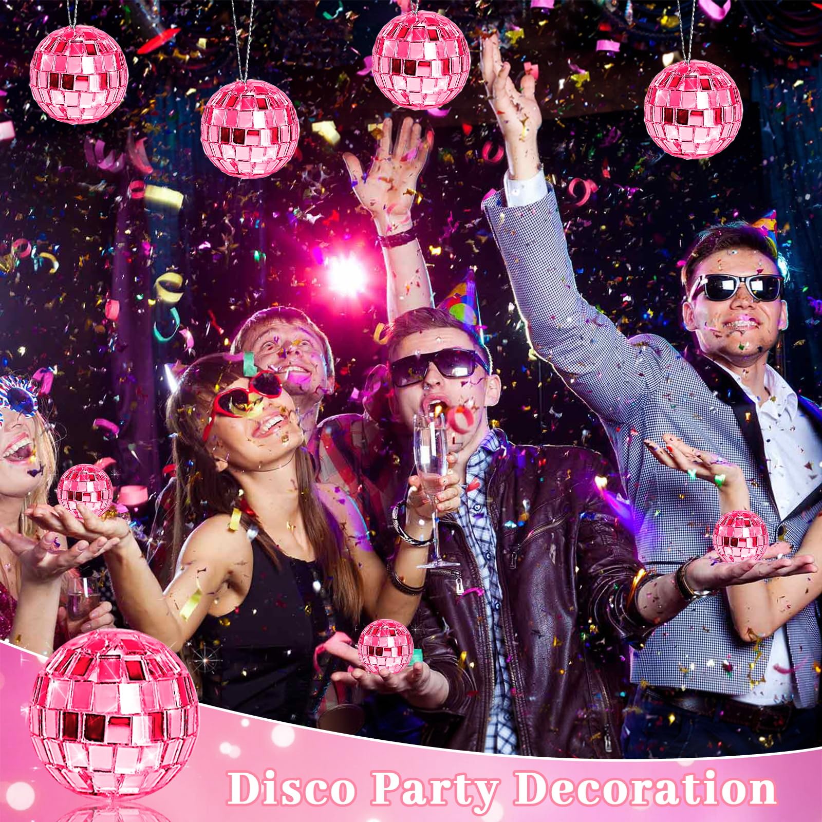 24-Pack Pink Disco Ball Decorations - Mini Hanging Mirror Balls with Rope for Christmas Tree, Wedding, Dance Party & Music Festival Decor | Cake Topper & Home Disco Lighting