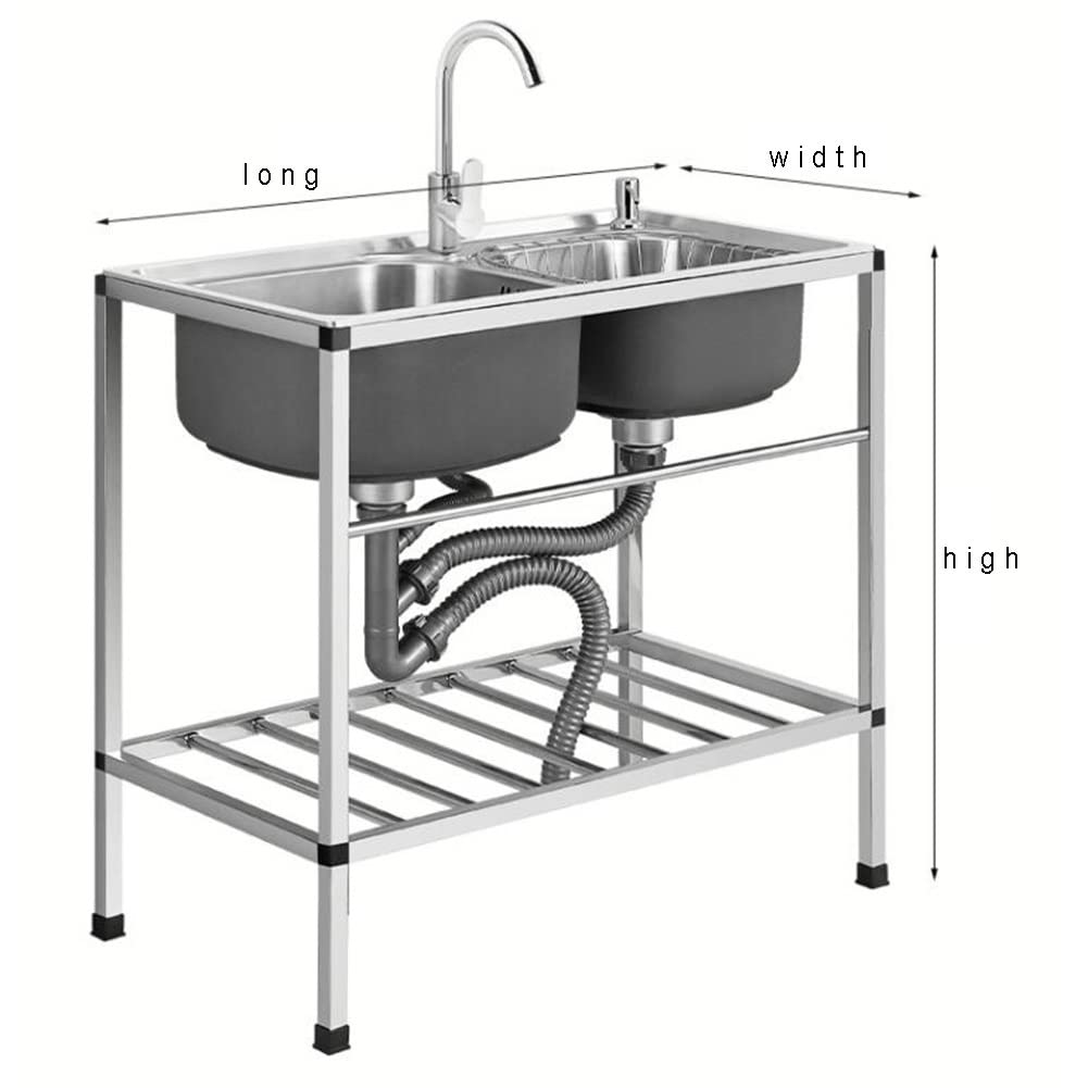 Stainless Steel Double Bowl Utility Sink with Stand, Faucet & Drain - 75x40x75cm Freestanding Kitchen Sink for Bar, Restaurant, Outdoor & Home Use - Silver-B Color