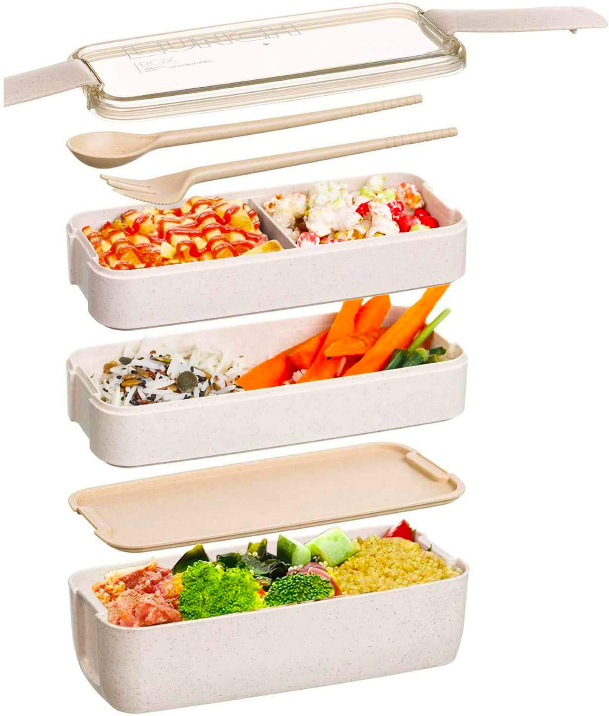 Japanese Bento Lunch Box - 3-In-1 Compartment Meal Prep Container for Kids & Adults | Microwave & Dishwasher Safe | Perfect for School, Office & Picnic (Beige)