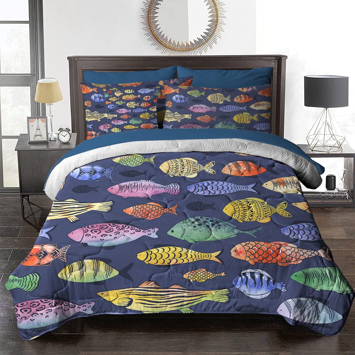 BlessLiving King Size Boys Comforter Set - 8 Piece Watercolor Fish Doodle Bedding (Comforter, Pillowcases, Shams, Sheets & Cushion Cover) | Vibrant Underwater Theme Kids Room Decor for Boys Bedroom & Sleepover Fun