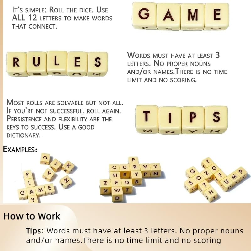 Crossword Solitaire Game Set - 6 Sided Letter Dice for Word Puzzles, 12 English Alphabet Dice with Storage Case - Perfect for Camping, Travel, and Family Game Nights