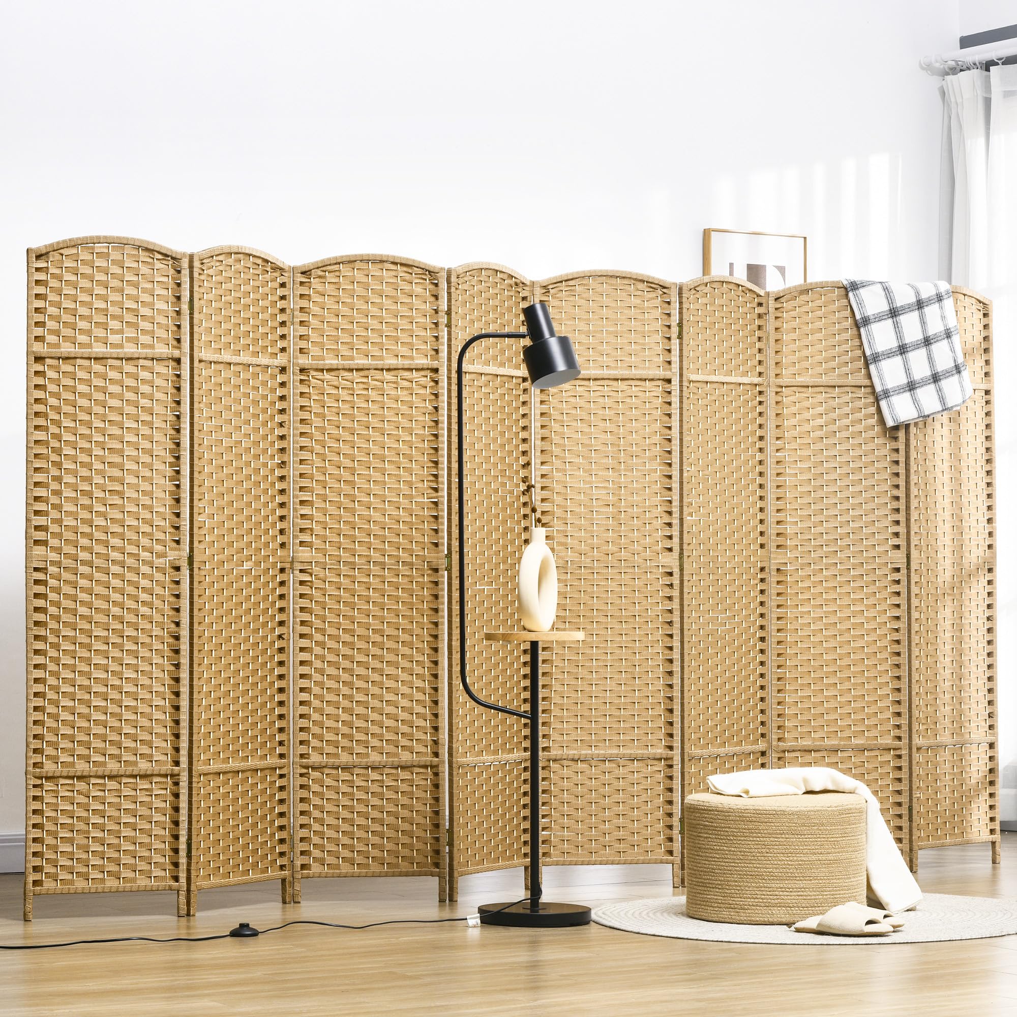 HOMCOM 8 Panel Folding Room Divider Privacy Screen - 5.6 Feet Tall Freestanding Partition Wall for Home Office, Bedroom & Living Room - Natural Wood Finish for Modern Interior Design & Space Organization