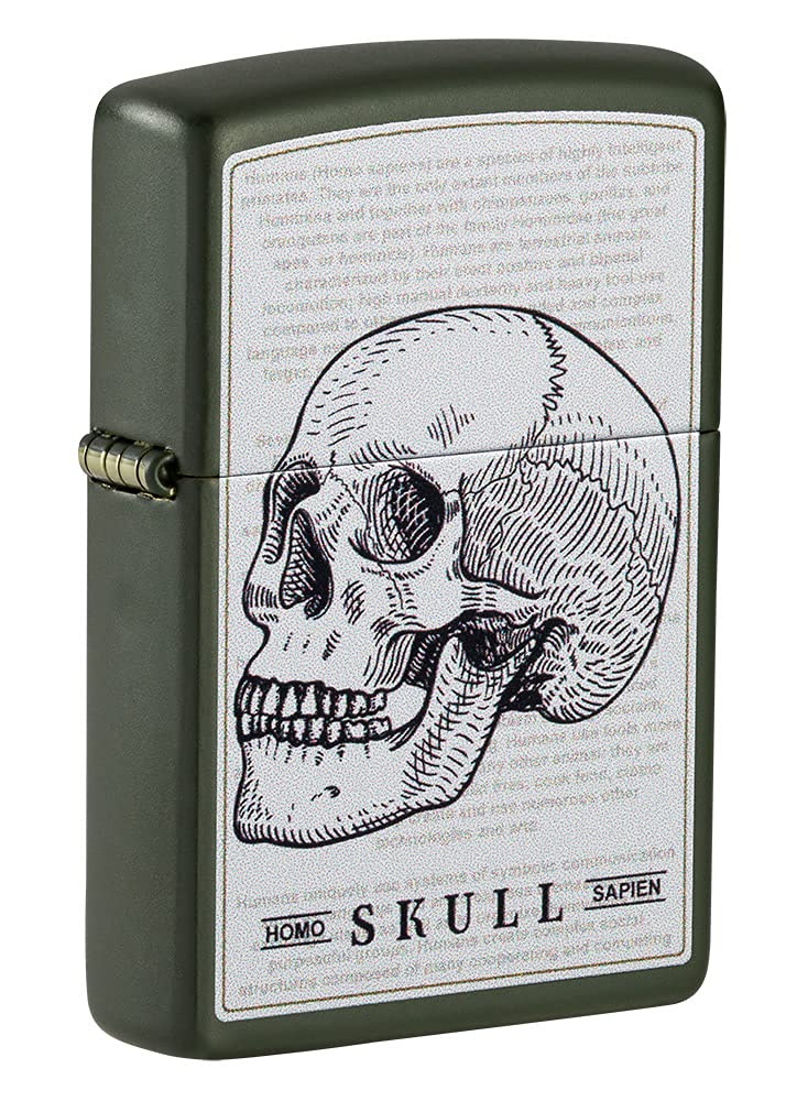 Zippo Green Matte Pocket Lighter with Literary Skull Design - Windproof Refillable Lighter for Outdoor Camping, Hiking & Everyday Carry (EDC)