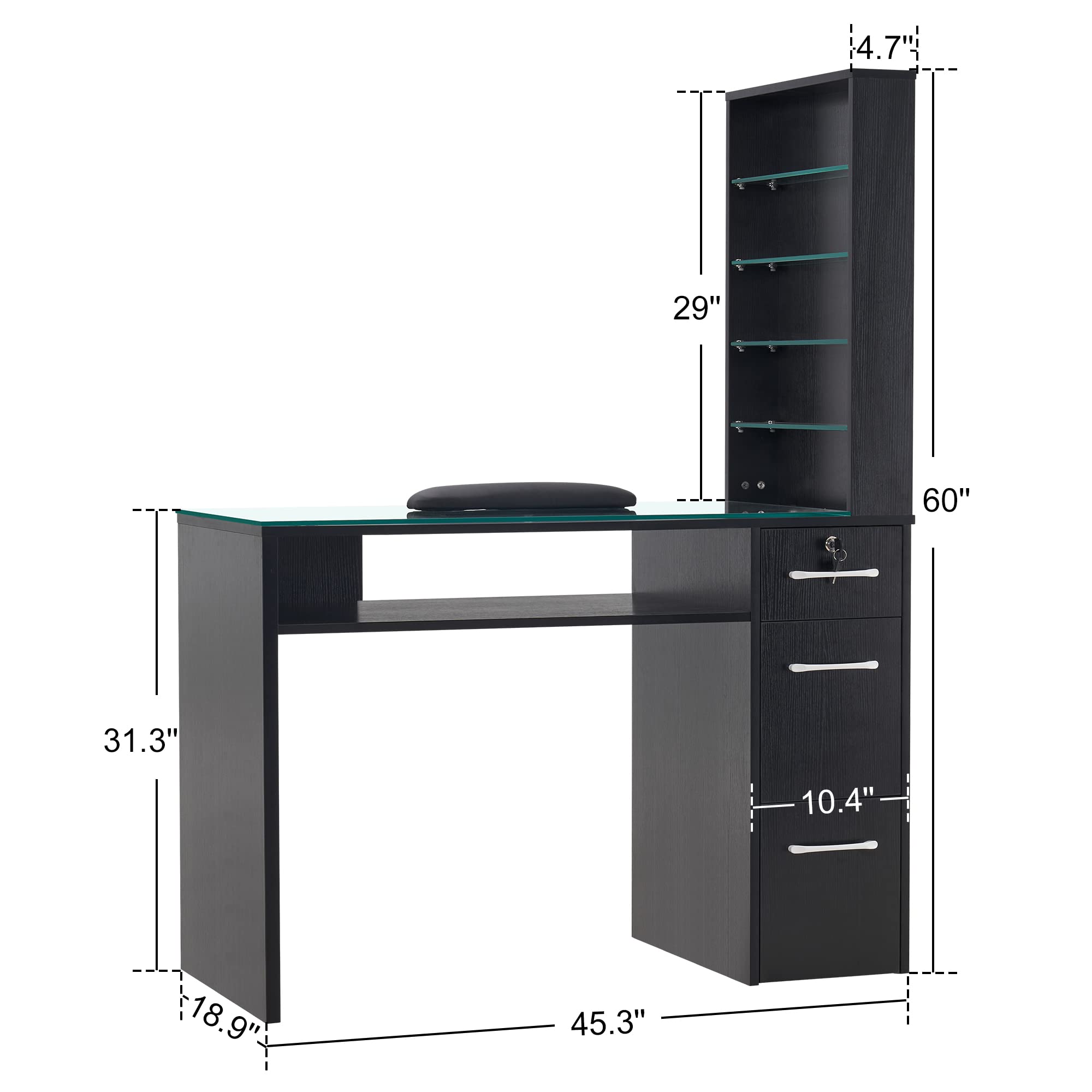 Professional BarberPub Manicure Table with 3 Drawers & Storage Shelves - Black Spa Beauty Salon Station Nail Desk 2673 - Perfect for Nail Salons, Home Studios & Professional Barber Shops