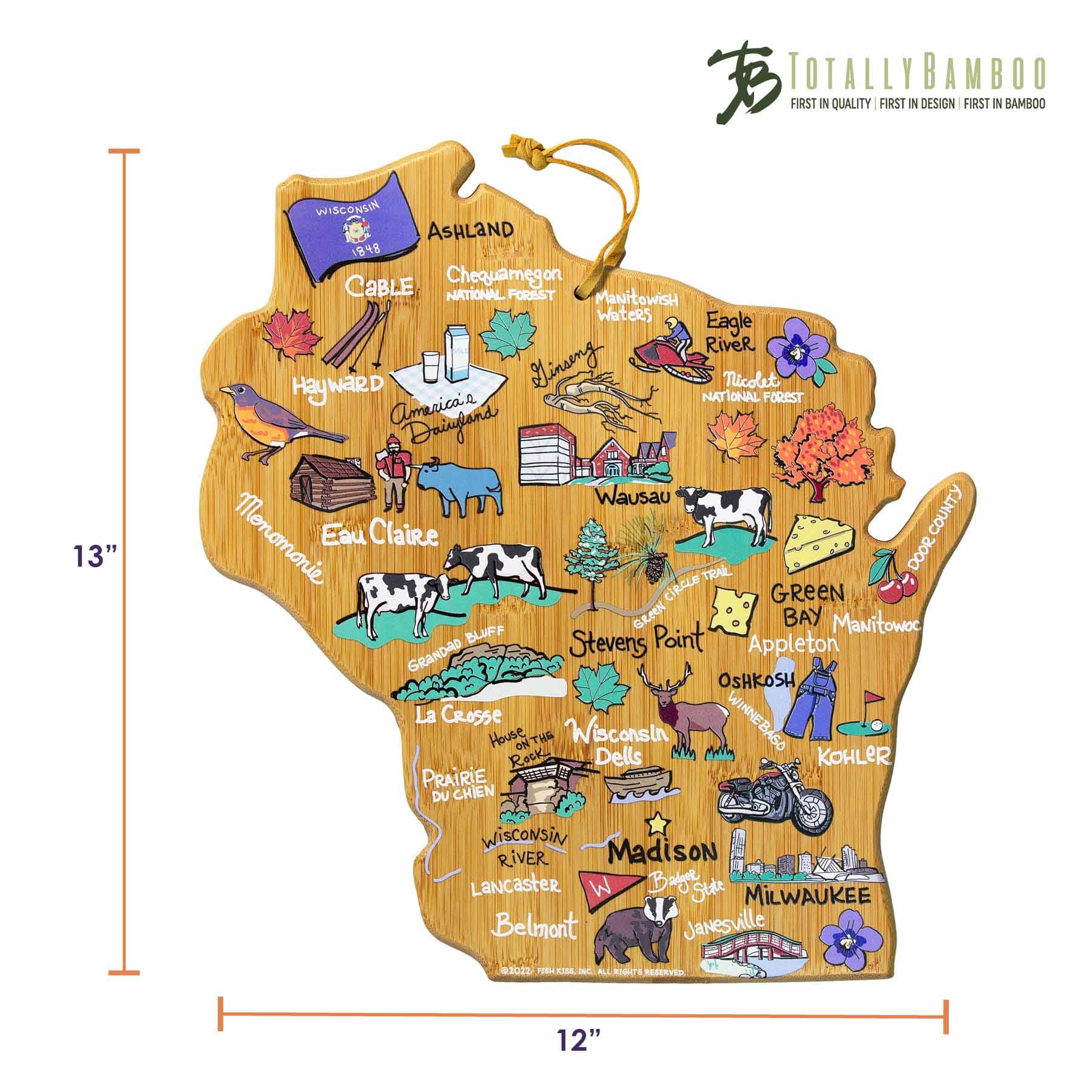 Premium Wisconsin Wood Cutting Board with Fish Kiss™ Artwork – Durable Kitchen Essential for Chopping, Serving & Decorating