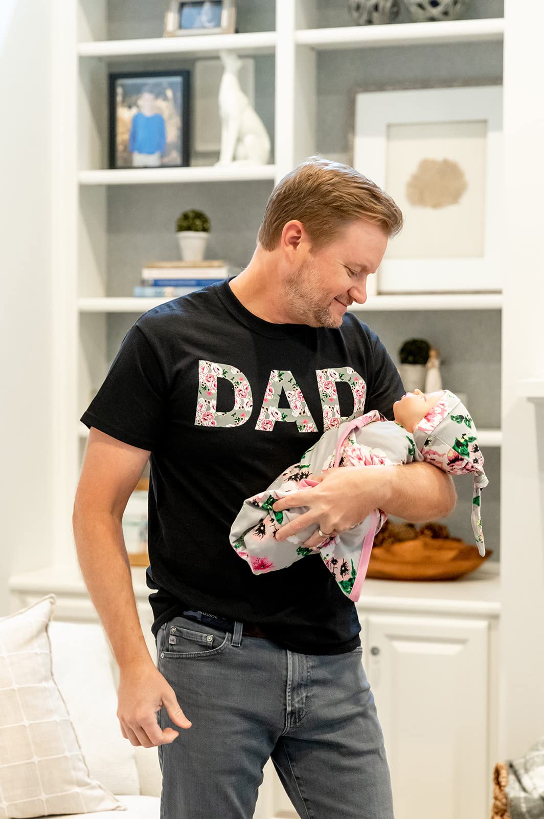 Baby Be Mine Maternity Nursing Robe & Swaddle Blanket Set with Daddy T-Shirt - Soft Delivery Gown for New Moms & Newborn Baby Girl (Small/Medium Robe, 3XL Tshirt, Olivia Floral) - Perfect for Hospital Birth, Breastfeeding & Family Photo Shoots