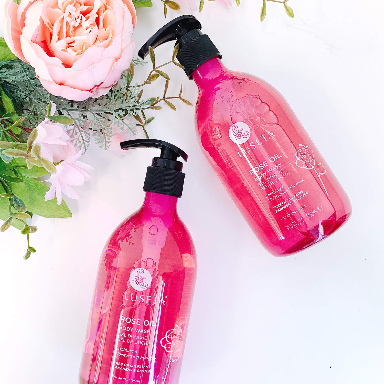 Luseta Rose Oil Body Wash for Dry Skin - 33.8oz Hydrating Shower Gel with Nourishing Essential Oils | Sulfate & Paraben Free | Moisturizing Body Wash for Women & Men | Perfect for Daily Shower Routine & Spa-Like Relaxation at Home