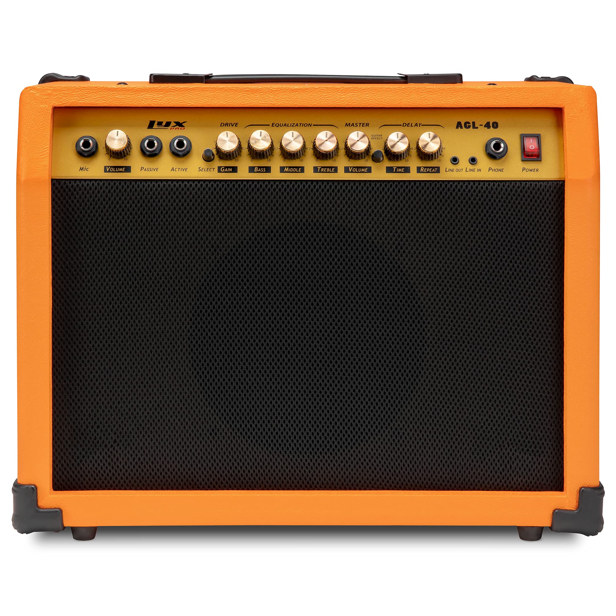 LyxPro 40 Watt Electric Guitar Amplifier | Solid State Studio Amp with 8” 4-Ohm Speaker, Custom EQ Controls, Drive, Delay, ¼” Passive/Active/Microphone Inputs, Aux in & Headphone Jack - Sunburst | Perfect for Home Practice, Studio Recording & Live Performances
