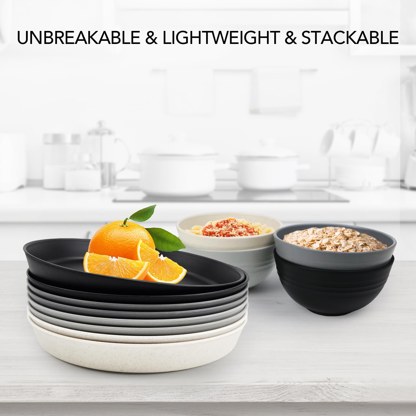 Eco-Friendly 9.3 Inch Wheat Straw Dinner Plates Set of 8 - BPA Free, Dishwasher & Microwave Safe, Unbreakable & Lightweight - Perfect Alternative to Plastic Plates for Kids & Adults (Grey & Black) - Ideal for Family Dinners, Picnics, Camping & Outdoor Parties