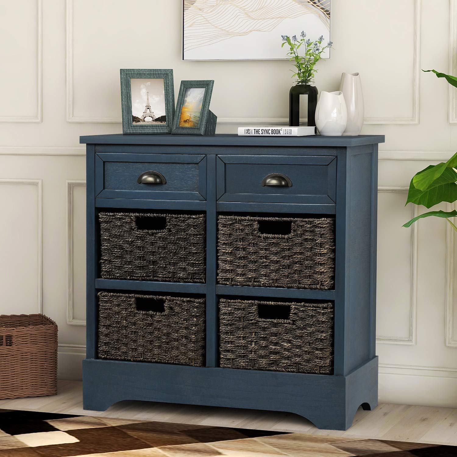 Modern Navy Blue Wood Storage Chest with 2 Drawers & 4 Baskets - Entryway Cabinet, Side Table for Living Room, Dining Room, Hallway Organizer