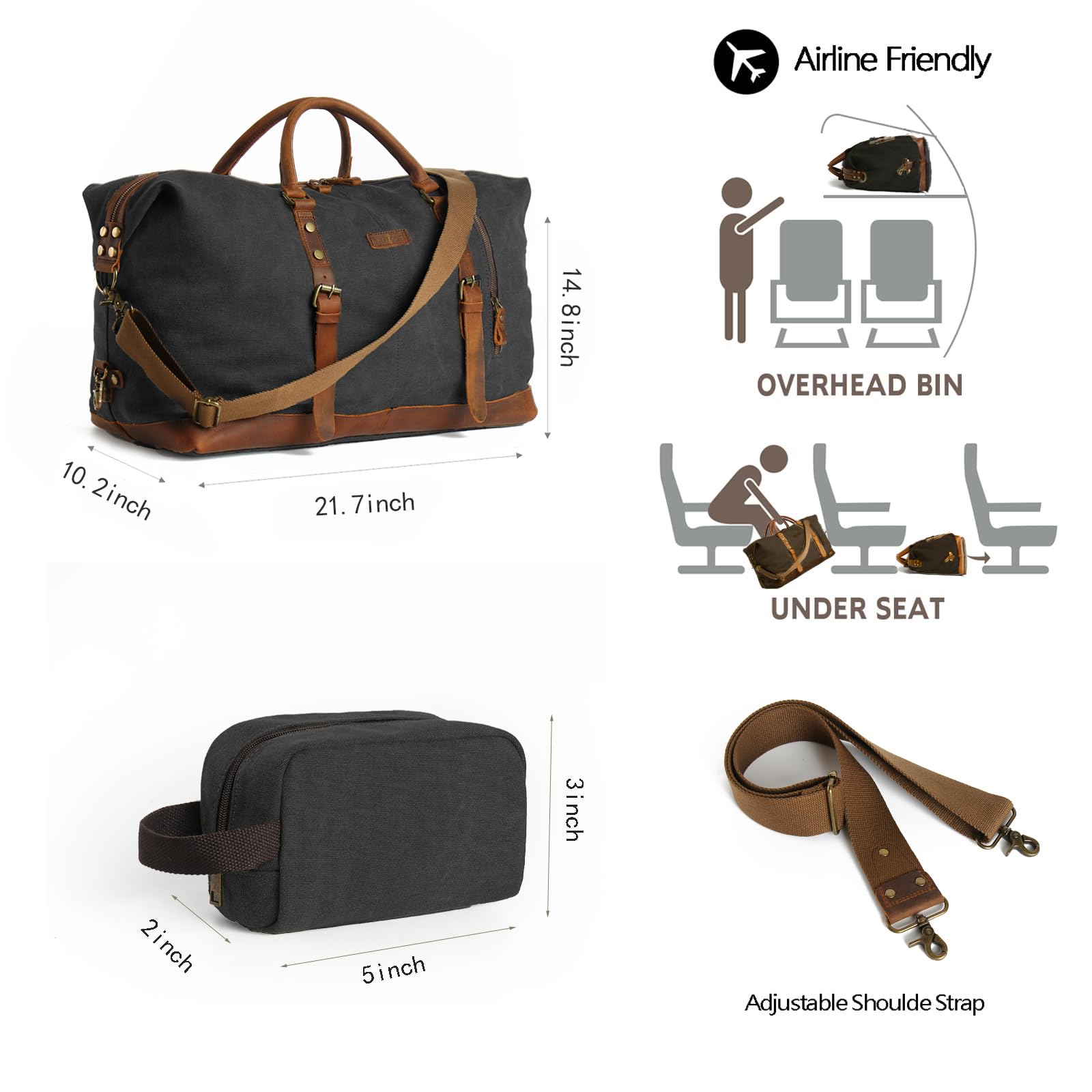 Premium Men's Leather & Canvas Duffle Bag - Large Travel Weekender Overnight Gym Bag with Detachable Toiletry Pouch (Black) - Perfect for Business Trips, Gym & Weekend Getaways