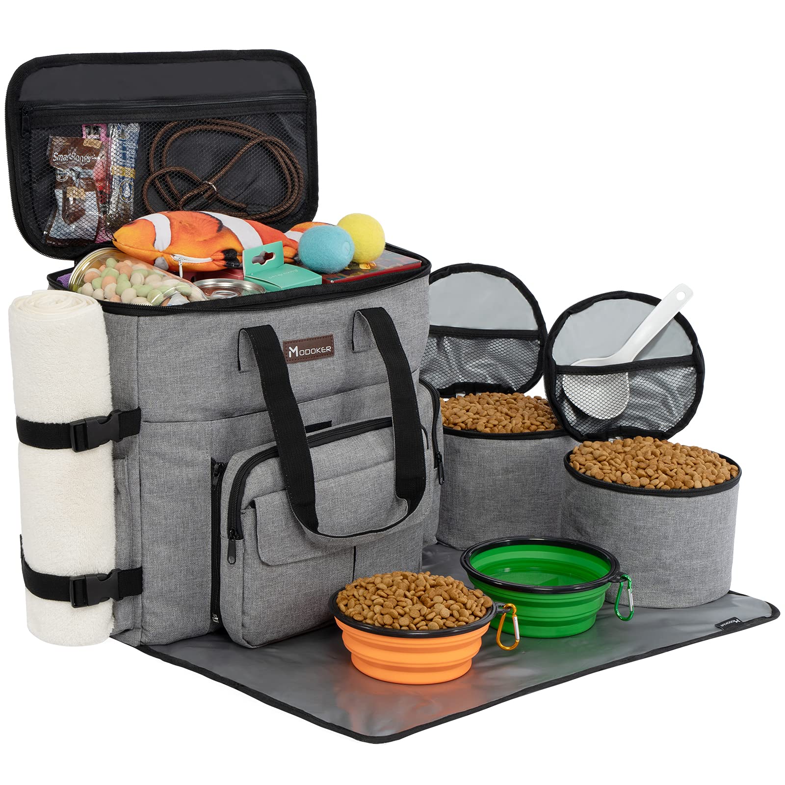 Modoker Airline Approved Dog Travel Organizer Bag with 2 Collapsible Bowls & Food Containers - Pet Carrier for Supplies & Accessories - Perfect for Air Travel, Road Trips & Outdoor Adventures