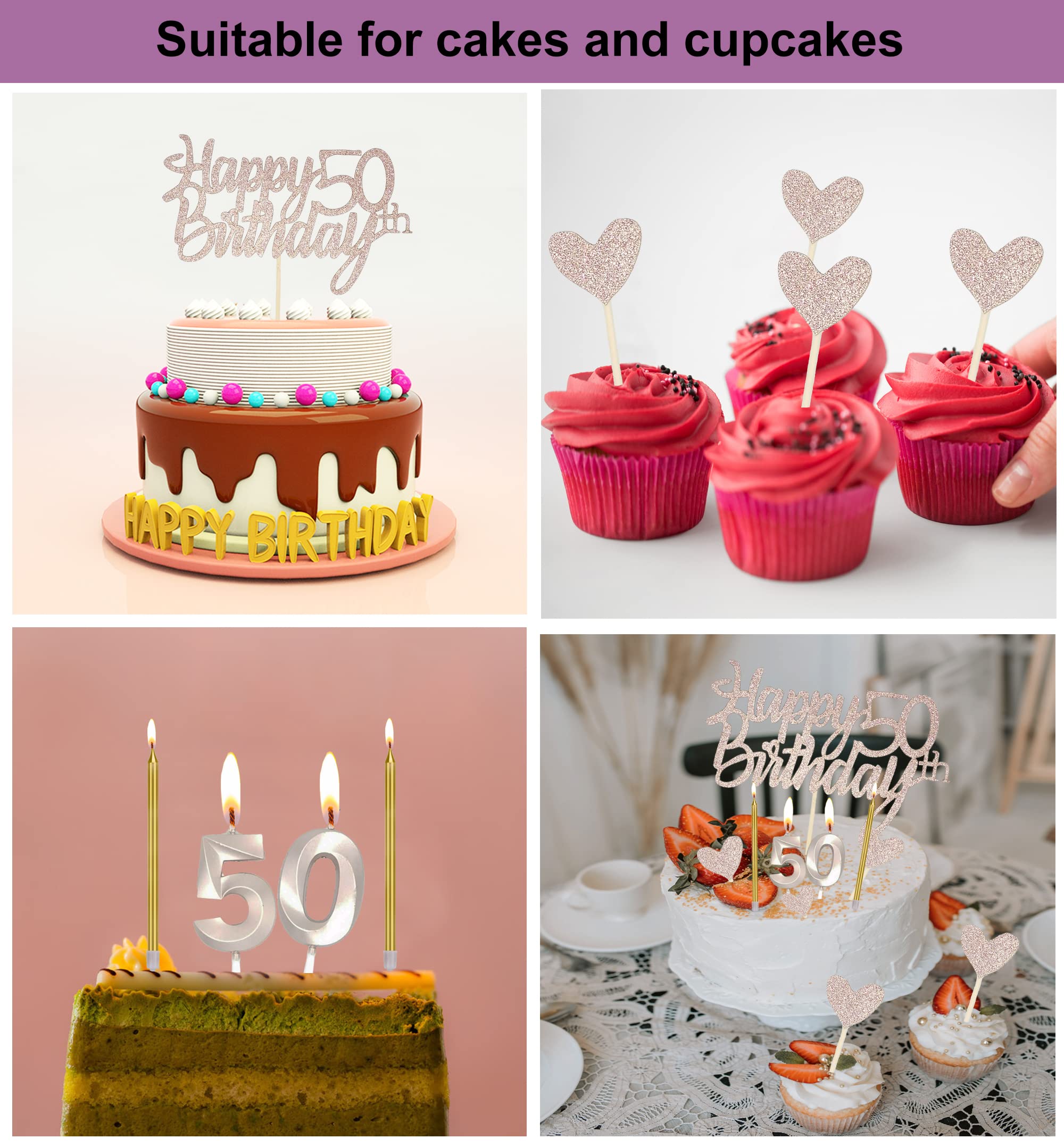 50th Birthday Cake Topper Set - Number 50 Candles, Heart Cupcake Toppers & Cake Decorations (17-Piece) for 50th Anniversary Party | Perfect for Milestone Celebrations, Retirement Parties & Golden Jubilees