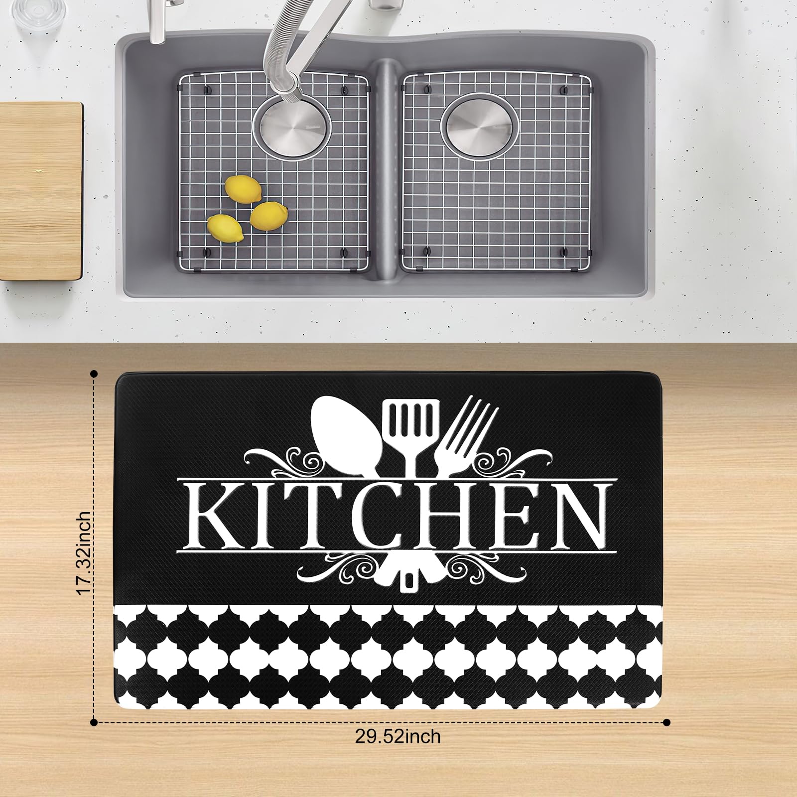 Non-Slip Waterproof Kitchen Rugs - Cushioned Black & White Floor Mats (17.3
