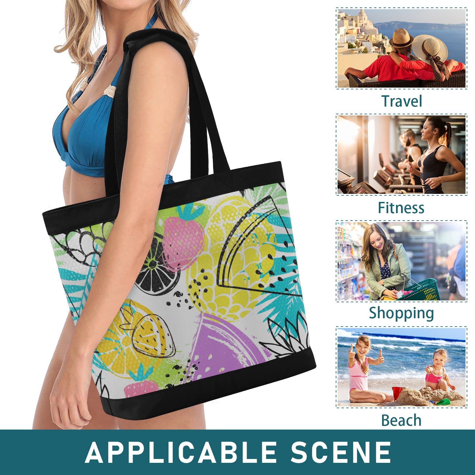 J JOYSAY Large Water-Resistant Mesh Beach Tote Bag with Pineapple Illustration - Perfect for Women's Beach Trips, Work, Training & Hiking | Durable & Stylish Carryall for Summer Travel, Gym & Outdoor Activities