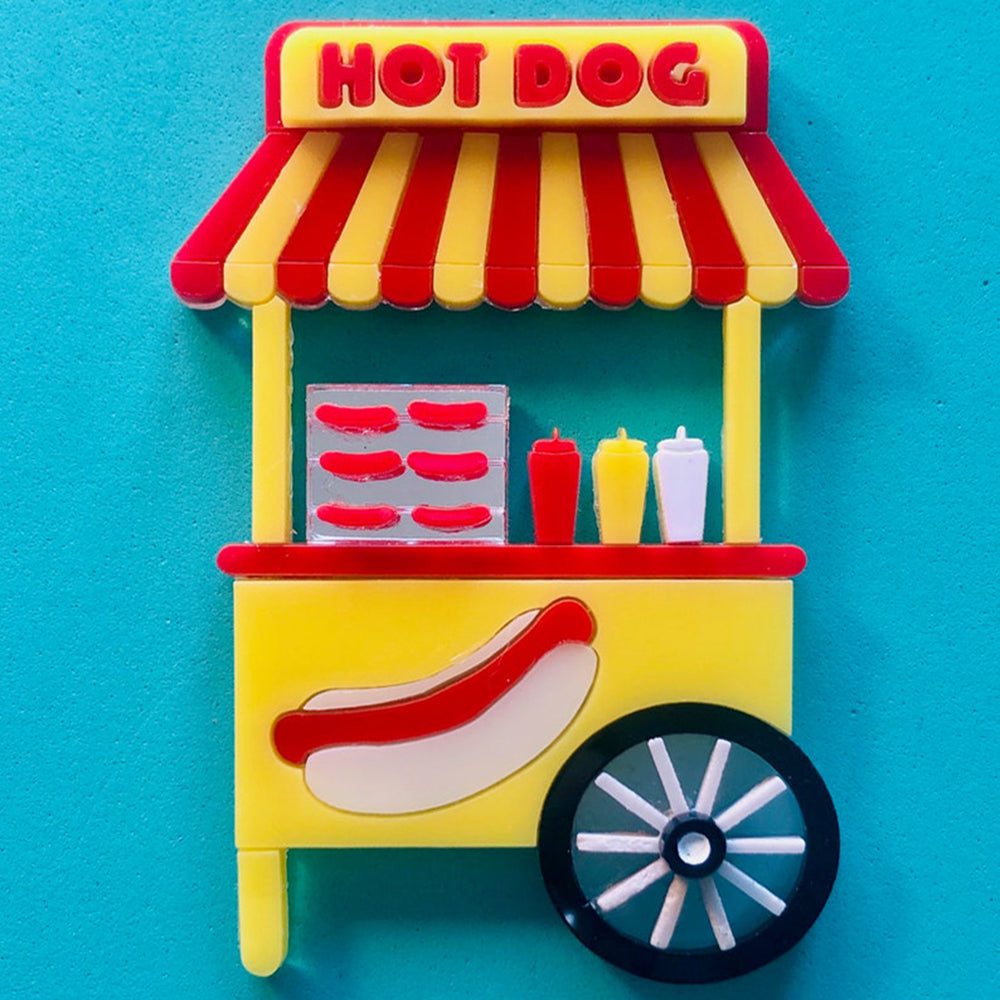 Funfair Collection Hot Dog Cart Acrylic Brooch Pin - Cute Food-Themed Enamel Badge by Makokot Design - Perfect for Jackets, Backpacks, and Denim Outfits