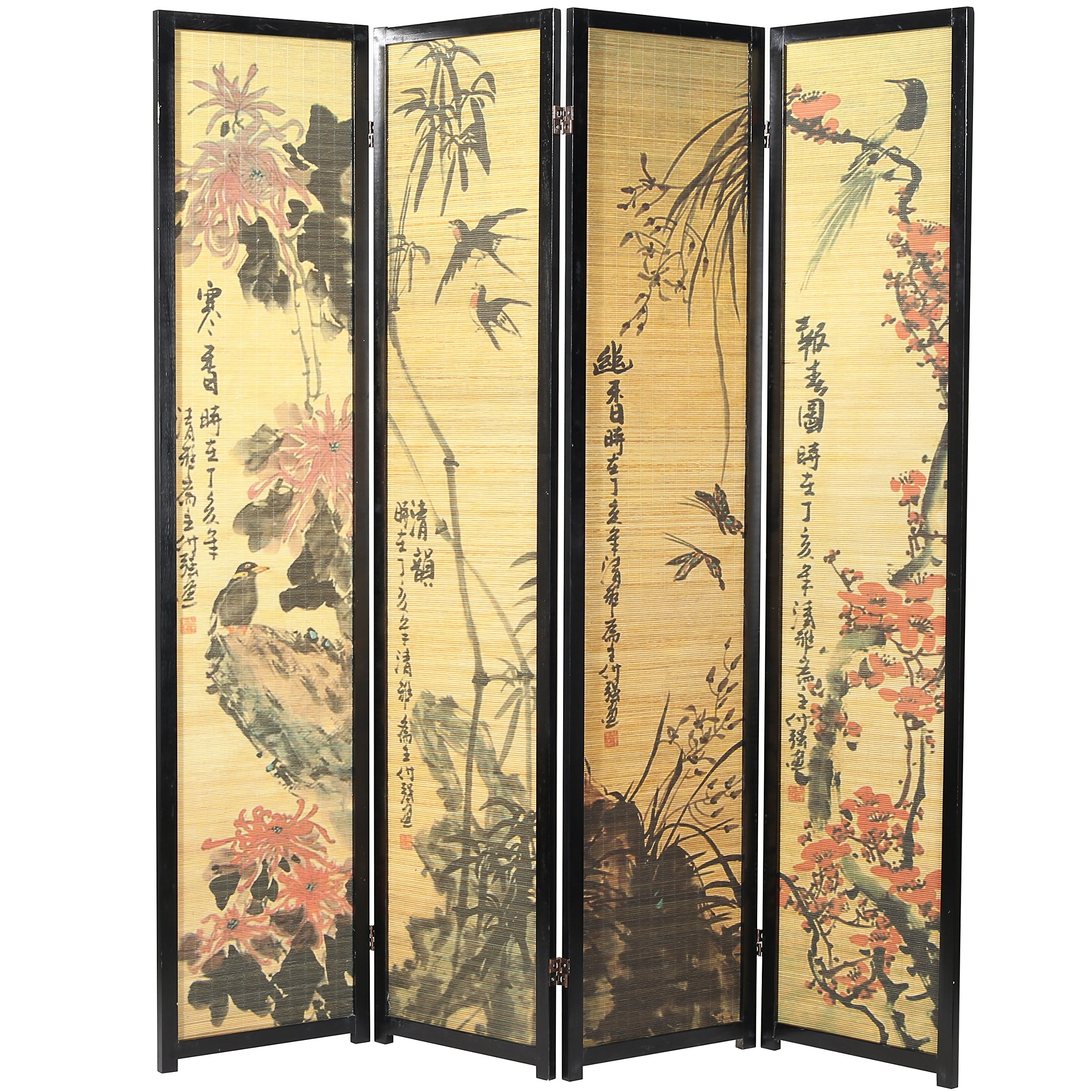 MyGift 4 Panel Bamboo Room Divider with Chinese Calligraphy Design - Freestanding Folding Screen with Black Wood Frame for Home, Office & Event Decor | Perfect for Privacy, Partition & Asian-Inspired Interior Design