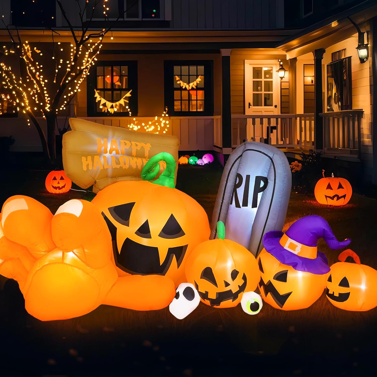 Garma 6.2 FT Halloween Inflatable Pumpkin Outdoor Decor with Built-in LED Lights, Gravestone & Witch Hat - Perfect for Halloween Party, Yard, Lawn, Garden, and Indoor Decorations | Spooky Holiday Atmosphere Creation