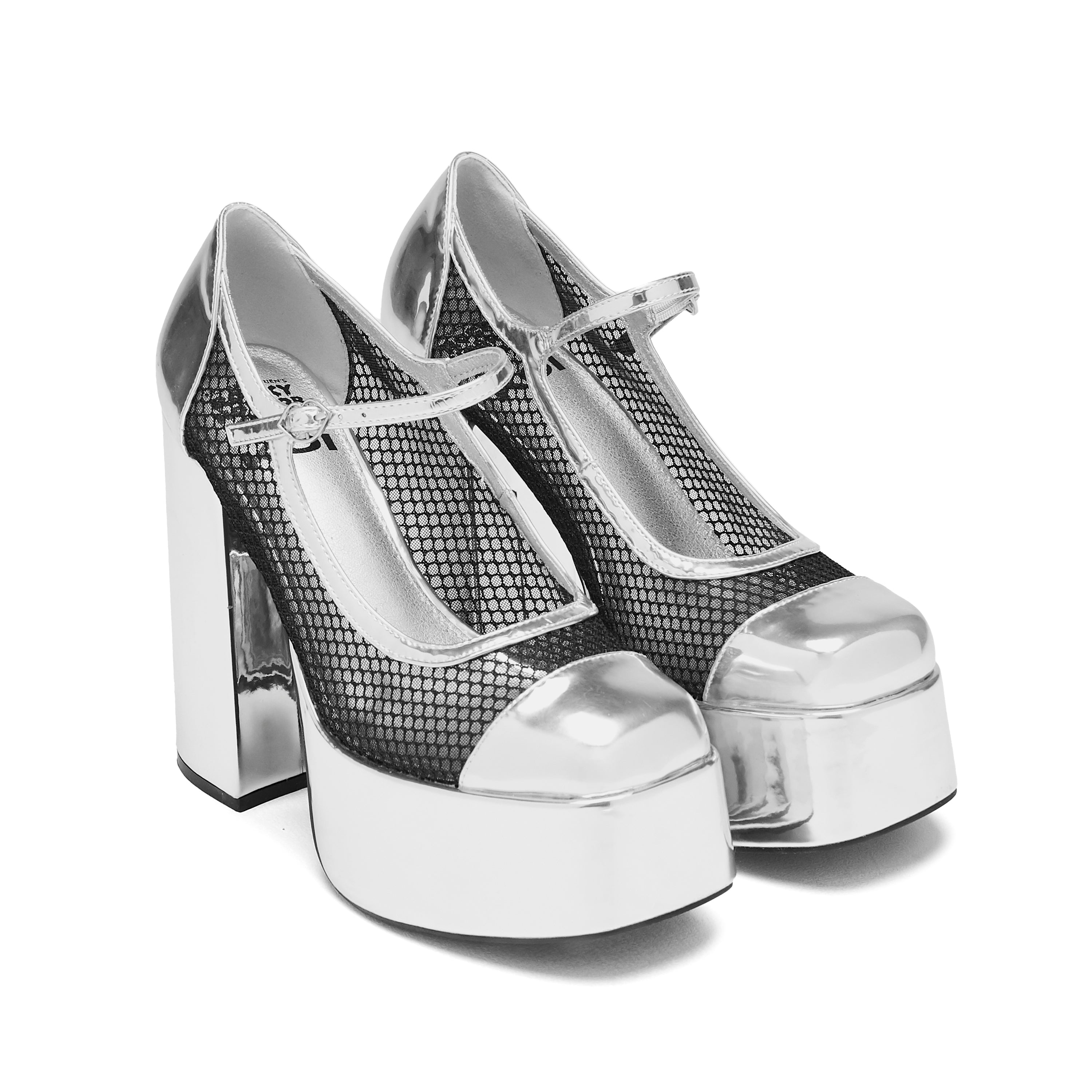 Regular Frankie Fan Fishnet Platform Heels in Silver - Stylish Women's High Heel Shoes for Parties, Nightlife & Fashion Outfits