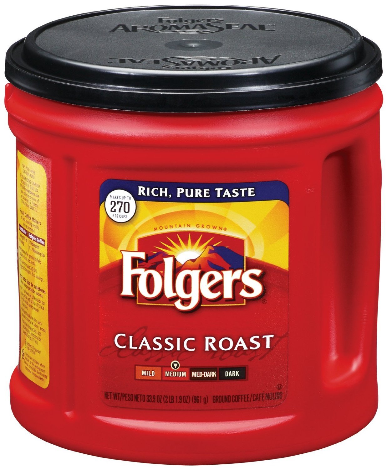 Folgers Classic Roast Ground Coffee - 33.9oz Canister (270 Cups) - Medium Roast Coffee for Home, Office & Camping - Rich & Smooth Flavor