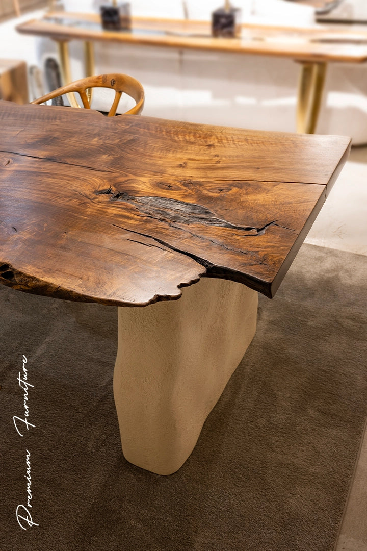 Luxury Solid Wood Walnut Dining Table with Stone-Inspired Legs - Wabi Sabi Style Modern Furniture for Living Room, Dining Room & Office
