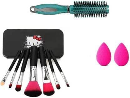 Premium 7-Piece Black Makeup Brush Set for Women & Girls - Includes Round Hair Brush Comb & 2 Pink Beauty Blenders - Perfect for Foundation, Contouring, Eyeshadow & More (Pack of 10)