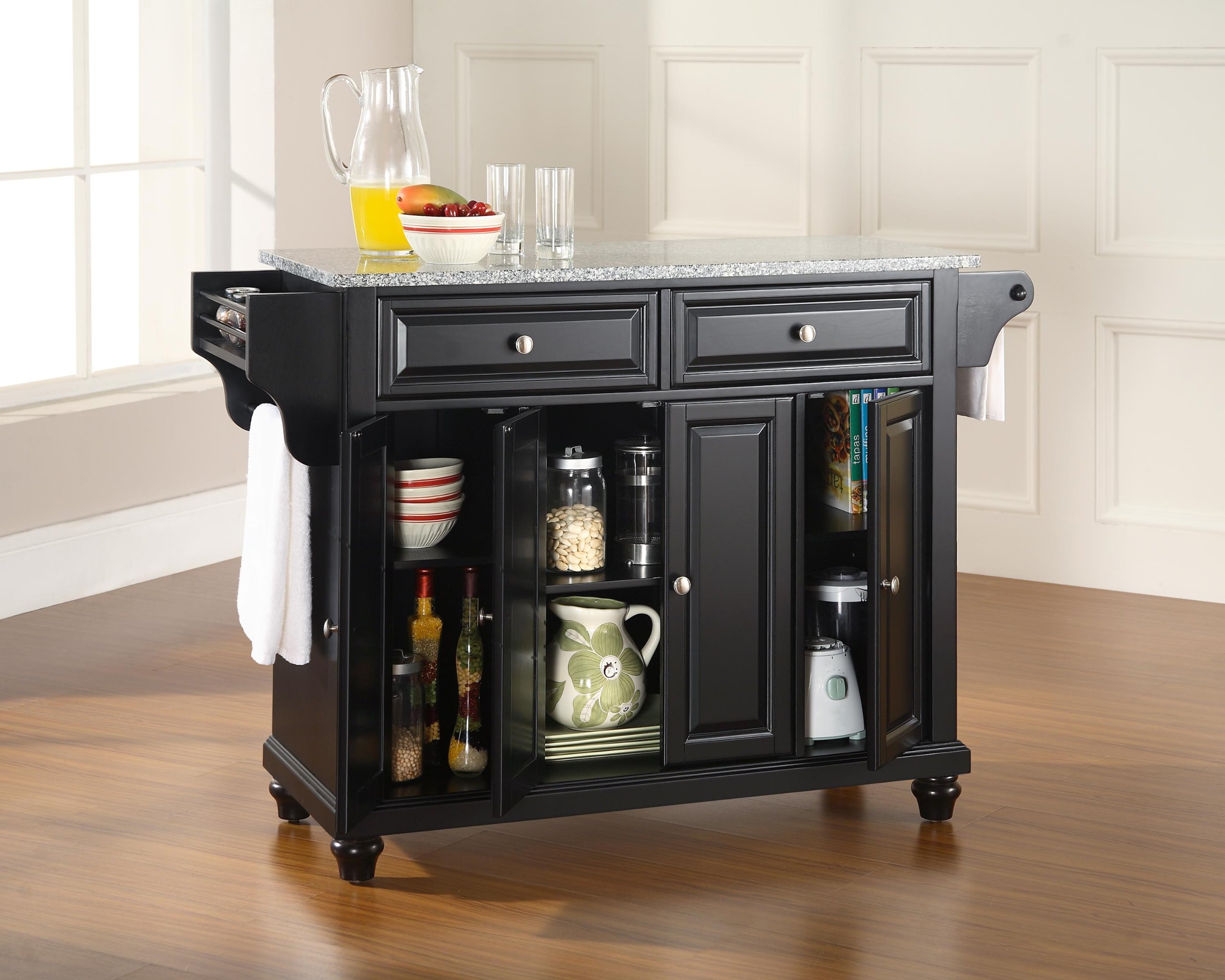 Crosley Cambridge Granite Top Rolling Kitchen Island Cart with Storage - Microwave Stand & Spice Rack - Black - Perfect for Small Kitchens, Pantry Organization & Extra Counter Space