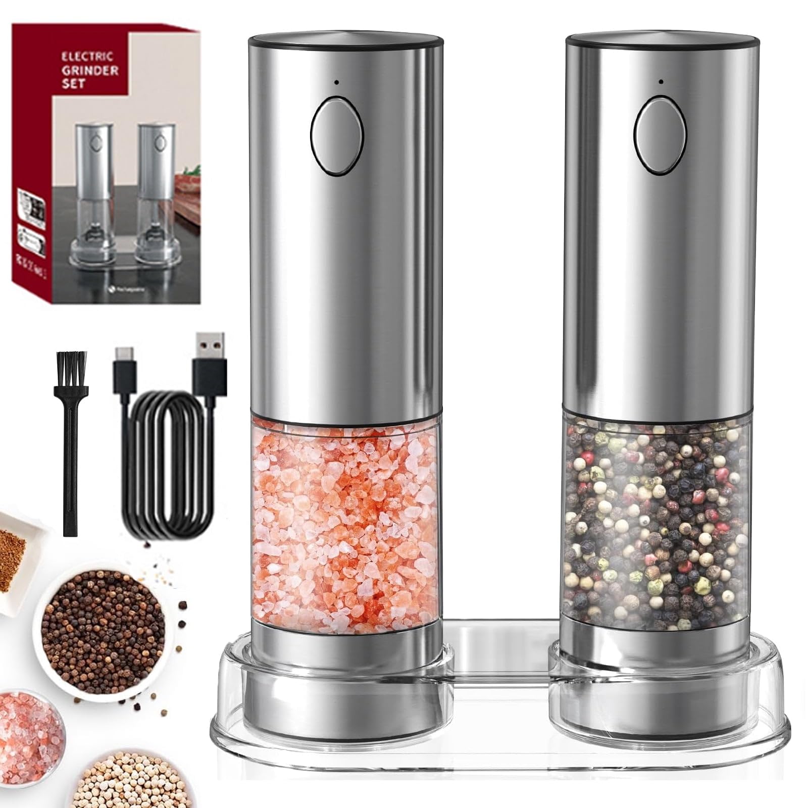 Premium Electric Salt and Pepper Grinder Set - USB-C Rechargeable Stainless Steel Mill with Adjustable Coarseness, Large Capacity & LED Light - 2 Pack with Tray Base - Perfect for Kitchen, Dining Table & Outdoor BBQ