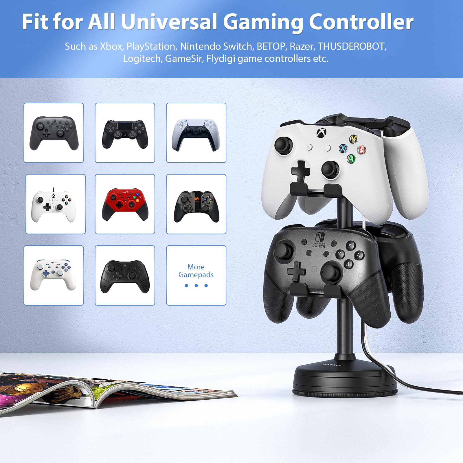 2-Tier Gaming Controller Holder for PS5, PS4, Nintendo Switch & Xbox - Headphone Stand with Suction Cup Base - Perfect for Playstation 5 Game Controllers & Headset Organization - Ideal for Gaming Setup, Bedroom or Living Room Storage