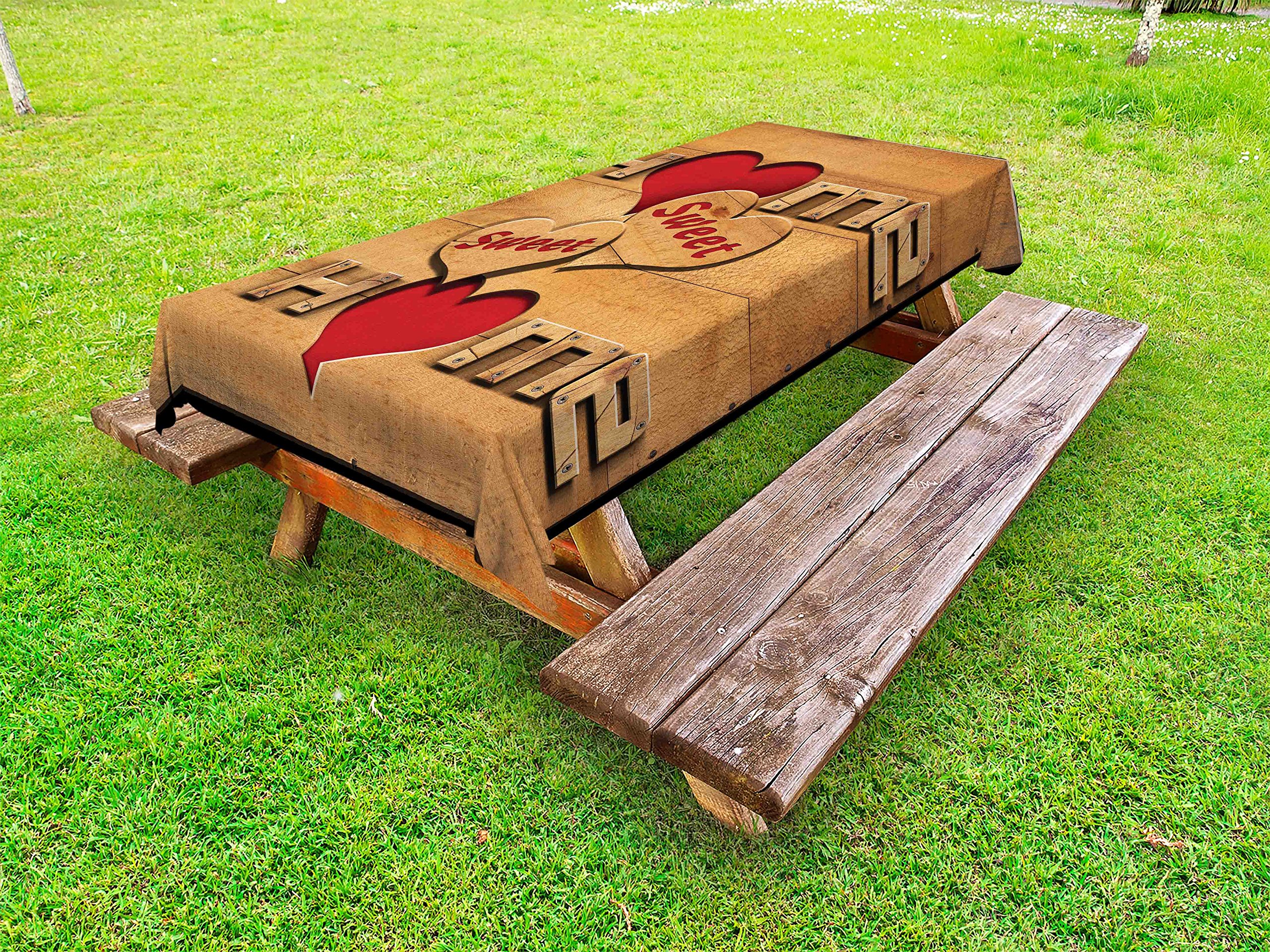 Ambesonne Rustic Wooden Plank Tablecloth with Heart-Shaped Sayings - Washable Picnic Table Cover for Outdoor Dining, Cabin Decor, and Country House Parties (58