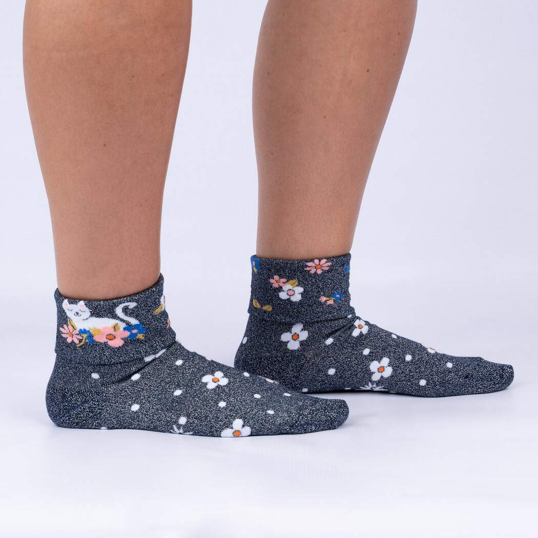 Sock It To Me Sitting Kitty Turn Cuff Crew Socks - Fun Novelty Cat Print Women's Knee High Socks for Casual Wear, Cosplay & Gift Giving