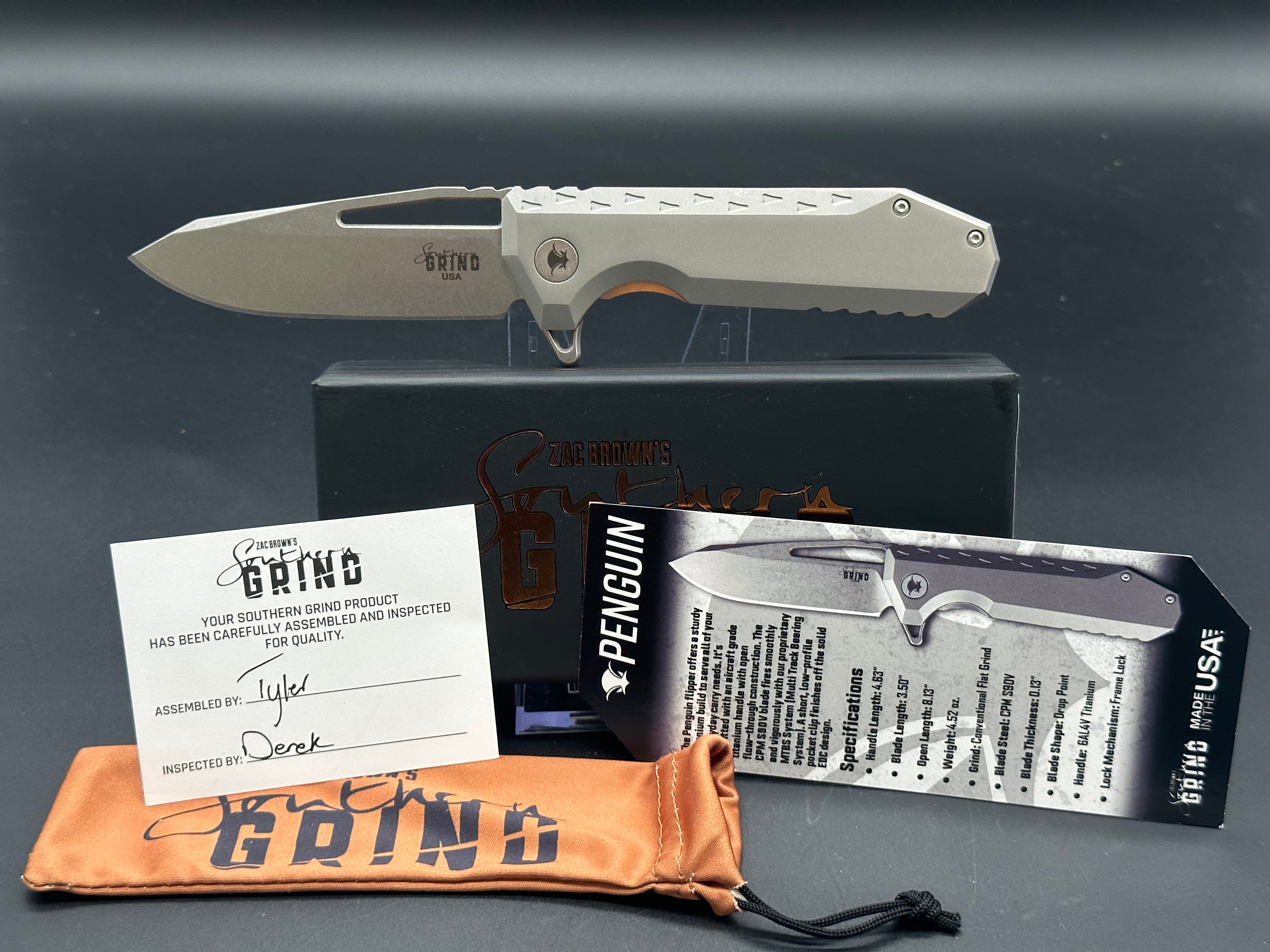Southern Grind Penguin Folding Knife - S90V Steel Blade & Titanium Handle for EDC, Outdoor, and Survival Use