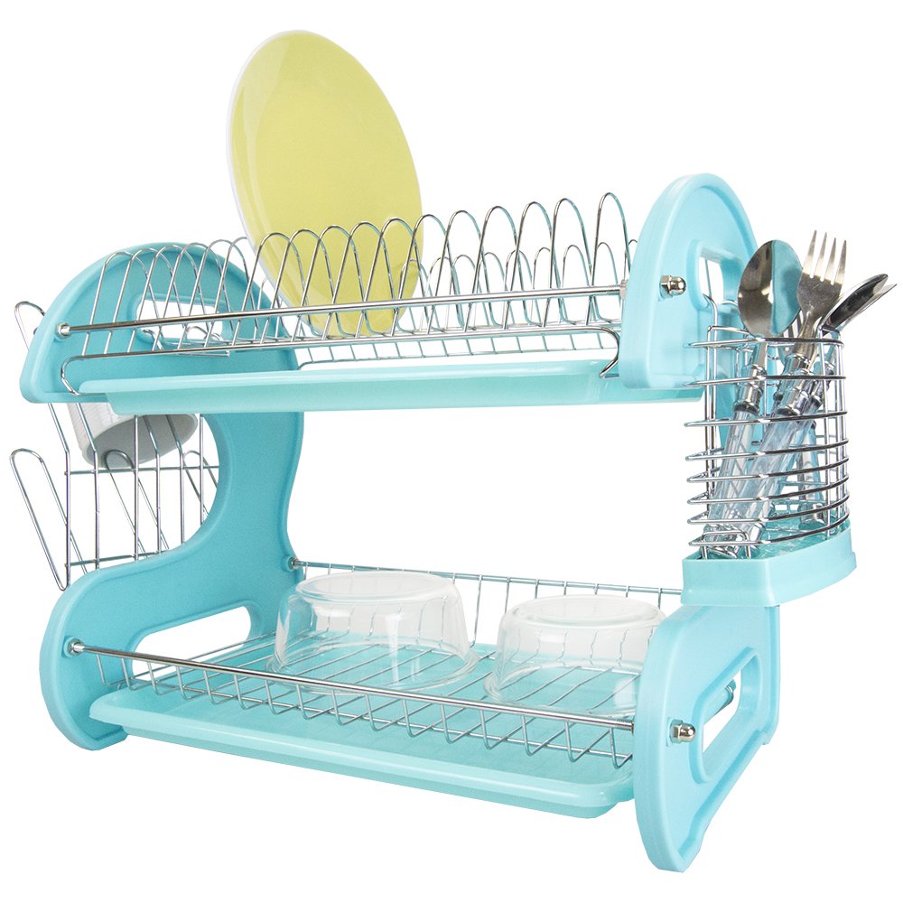 2-Tier Dish Rack with Cutlery Holder - Turquoise Kitchen Counter Organizer for Dishes & Cups