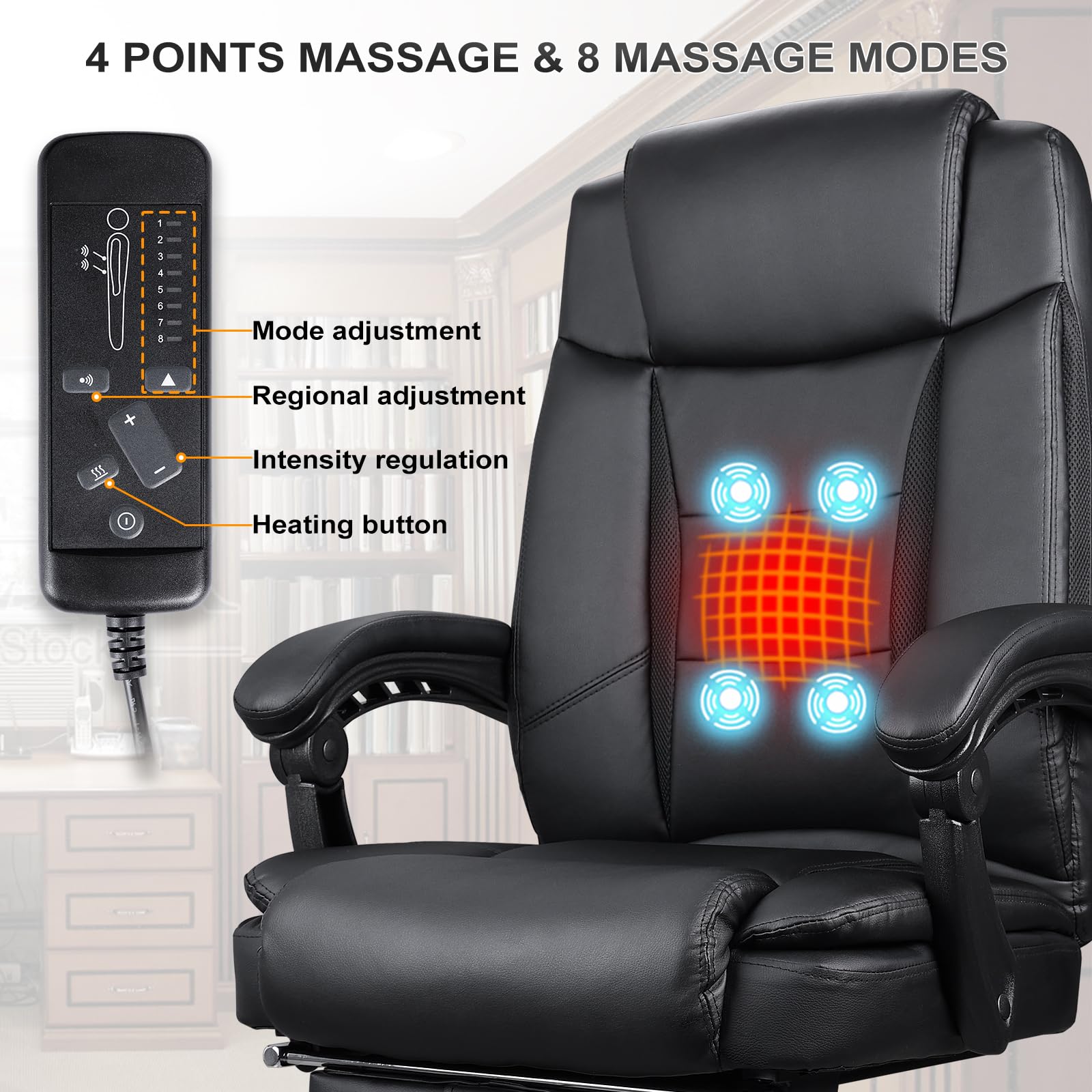 Ergonomic Office Chair with Heating & Massage - Big and Tall Executive Reclining Chair with Adjustable Lumbar Support, Footrest & Wheels - Perfect for Home Office, Gaming & Workspace Comfort