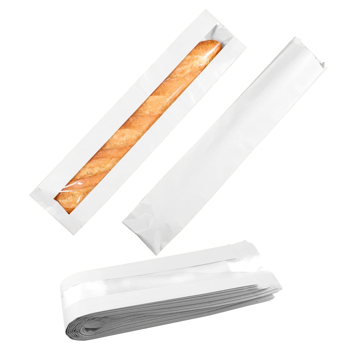 50-Pack French Bread Bags with Window - Kraft Paper Loaf Packaging for Homemade Bread Storage - Large Baguette Bags with Seal Sticker (24 x 4.4 x 1.6 Inches, White) - Perfect for Bakeries, Cafes & Home Baking