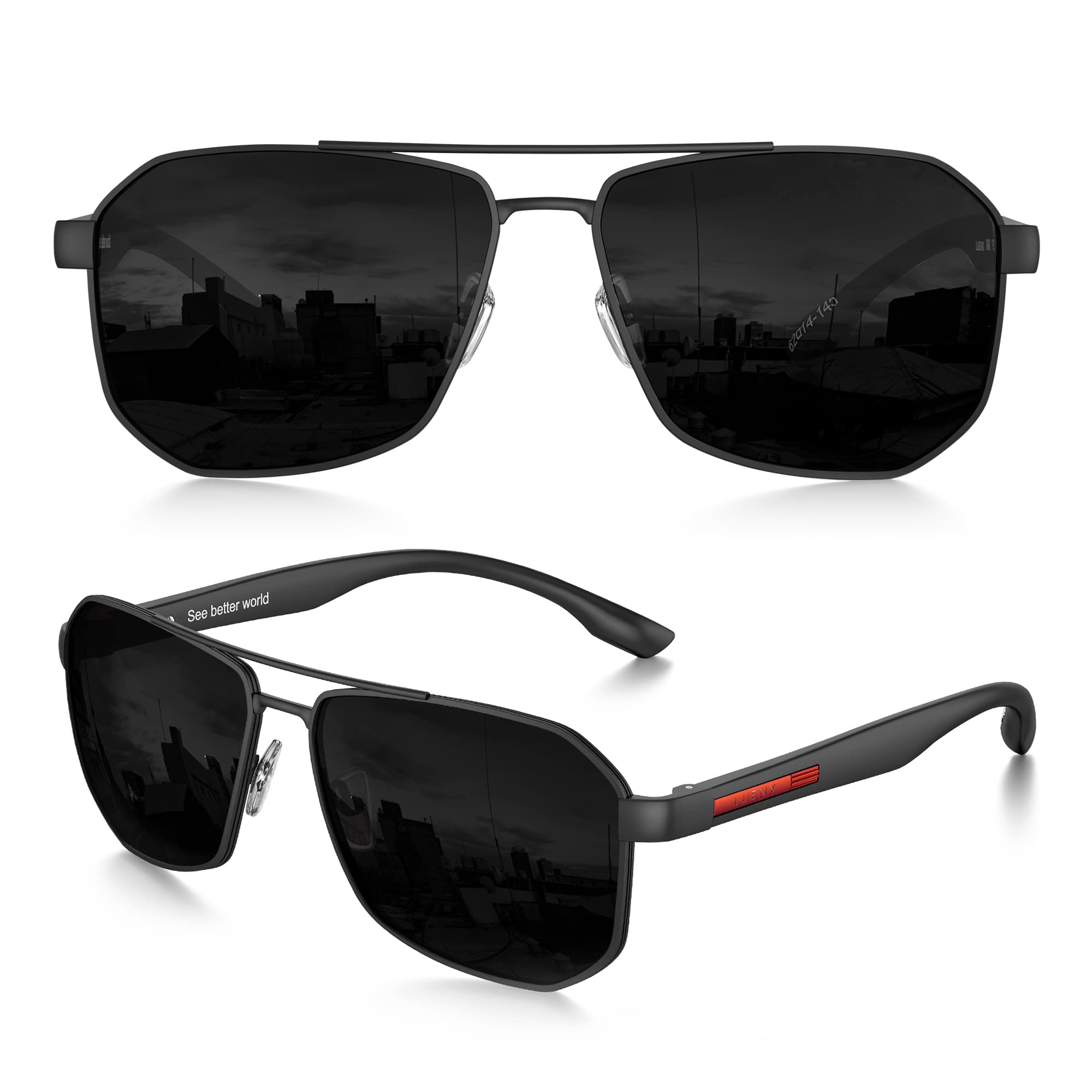 LUENX Men's Aviator Sunglasses - Polarized Square Polygon Lenses with UV400 Protection (Includes Case & Cleaning Cloth) - Perfect for Driving, Outdoor Sports & Fashion Accessories