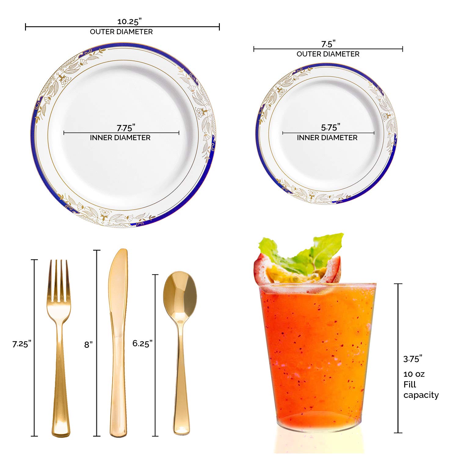 Premium Disposable Plastic Dinnerware Sets - Heavy Duty Elegant Plates, Forks, Knives & Spoons - Wedding, Birthday Party, Anniversary & Special Events - White with Blue & Gold Trim - 60-Piece Value Pack for Large Gatherings & Catering Events