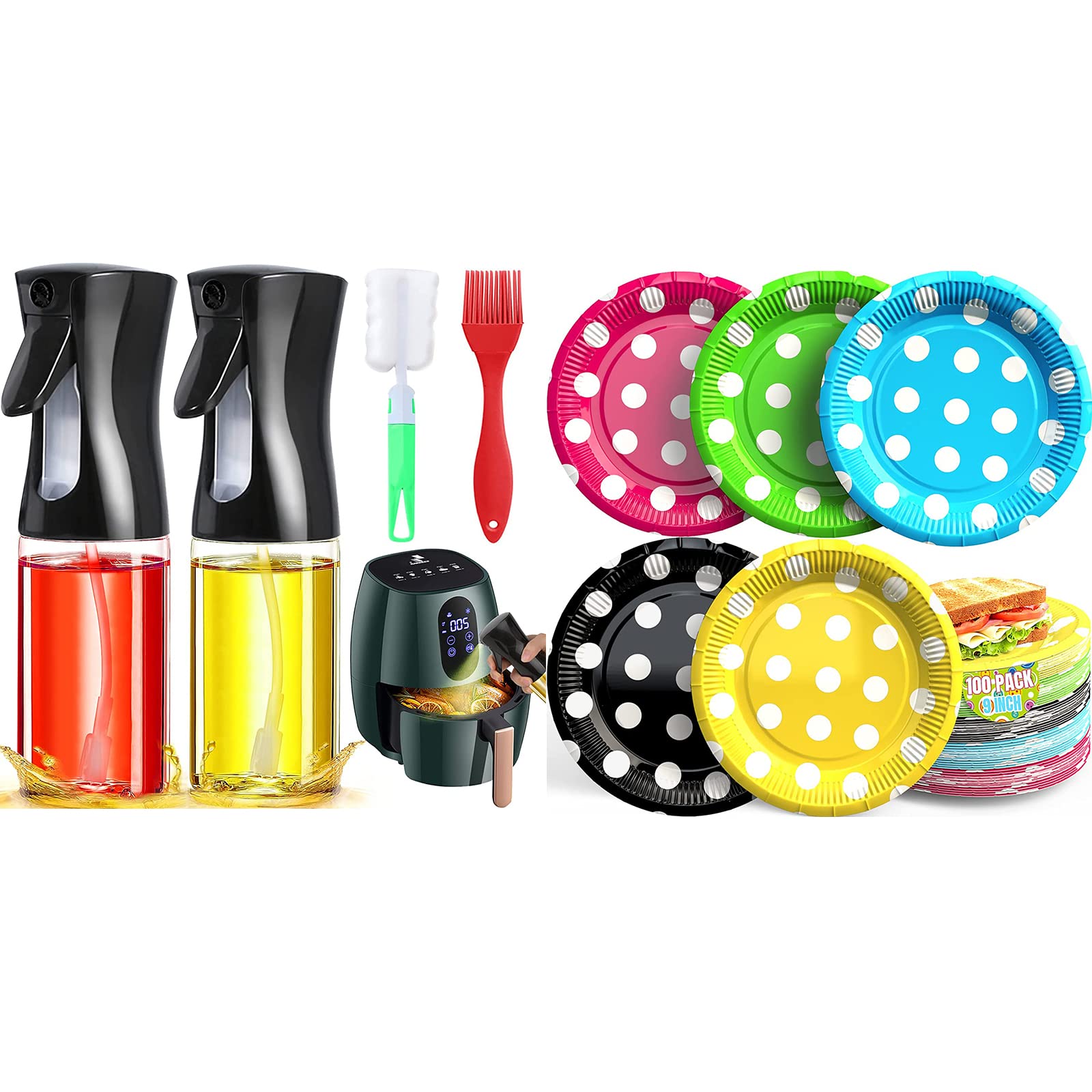 2 Pack Olive Oil Sprayer with Brush - Non-Aerosol Oil Mister Bottle for Cooking, Air Fryer & Baking | Includes 100PCS 9 Inch Disposable Paper Plates for Parties, Weddings & Outdoor Events