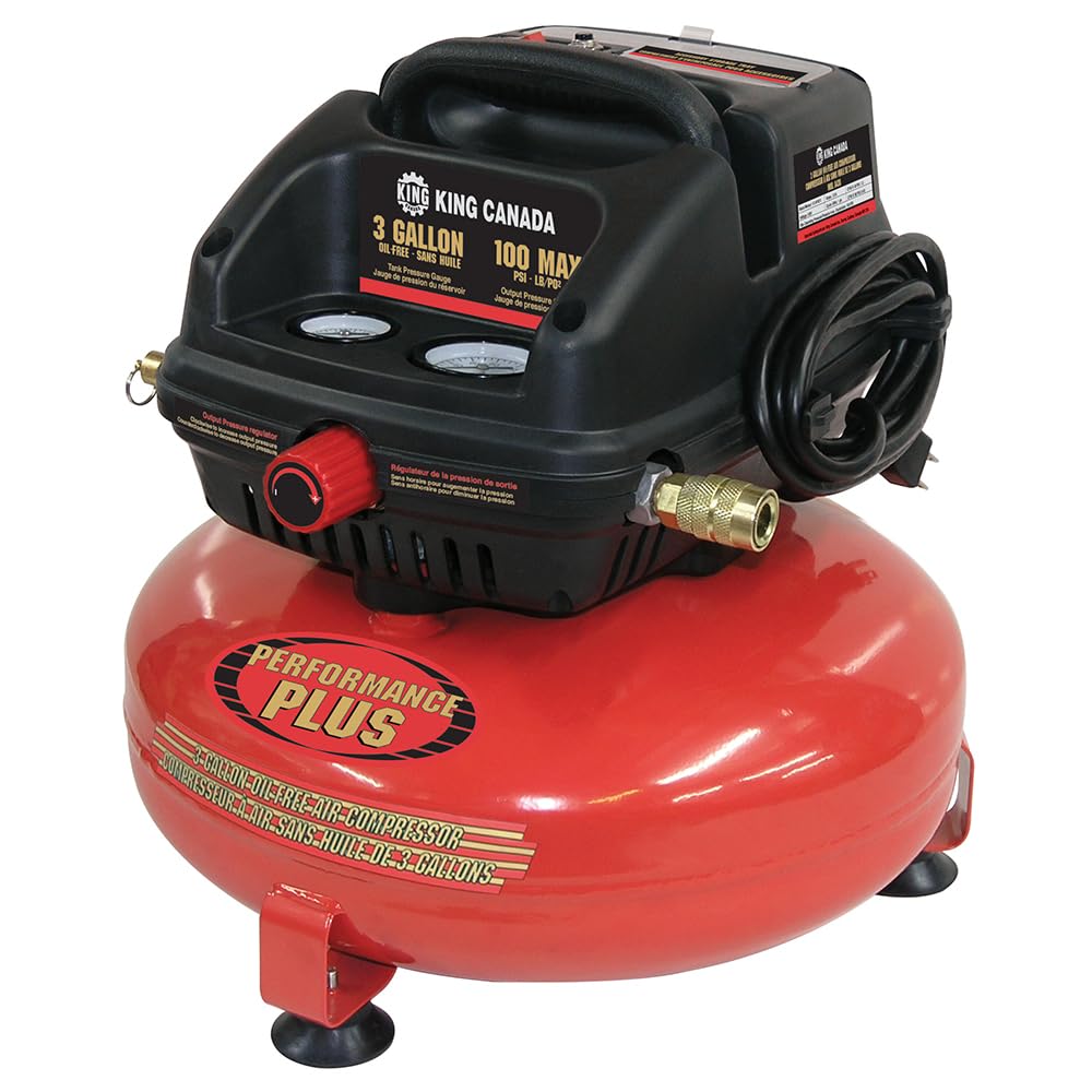 King Canada 8438 3 Gallon Oil-Free Air Compressor Kit - Portable & Quiet for Home DIY, Nail Guns, Inflating Tires & Sports Equipment
