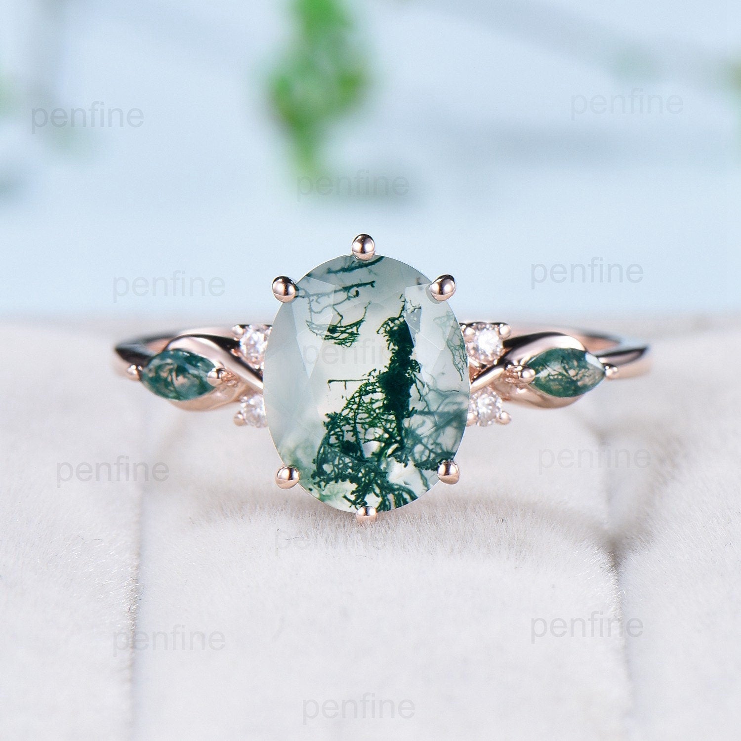 8x10mm Oval Cut Moss Agate Ring - 3 Carat Six Prong Green Agate Vintage Ring in 14K Rose Gold - Marquise Agate Wedding & Anniversary Ring for Women - Perfect for Bridal, Engagement & Special Occasions