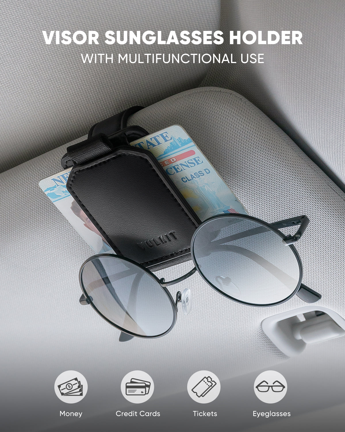 VSH100 Magnetic Leather Sunglasses Holder & Card Organizer - Car Sun Visor Clip for Eyewear & Credit Cards Storage (Perfect for Driving, Travel & Daily Use)