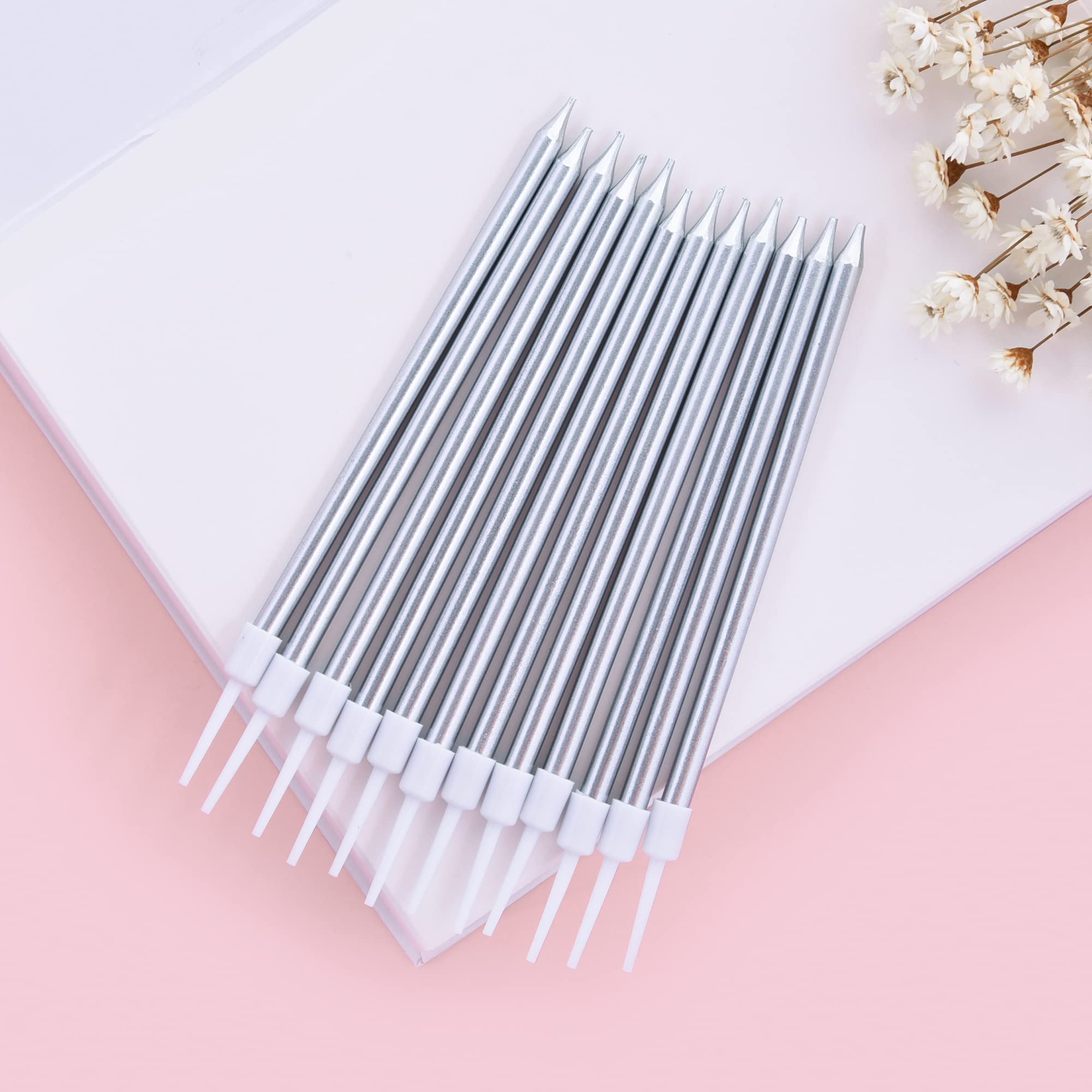 Bella Meri Silver Long Thin Metallic Birthday Candles - Elegant Cake Candles for Birthday Parties, Wedding Decorations & Special Events | Perfect for Cakes, Cupcakes & Dessert Tables