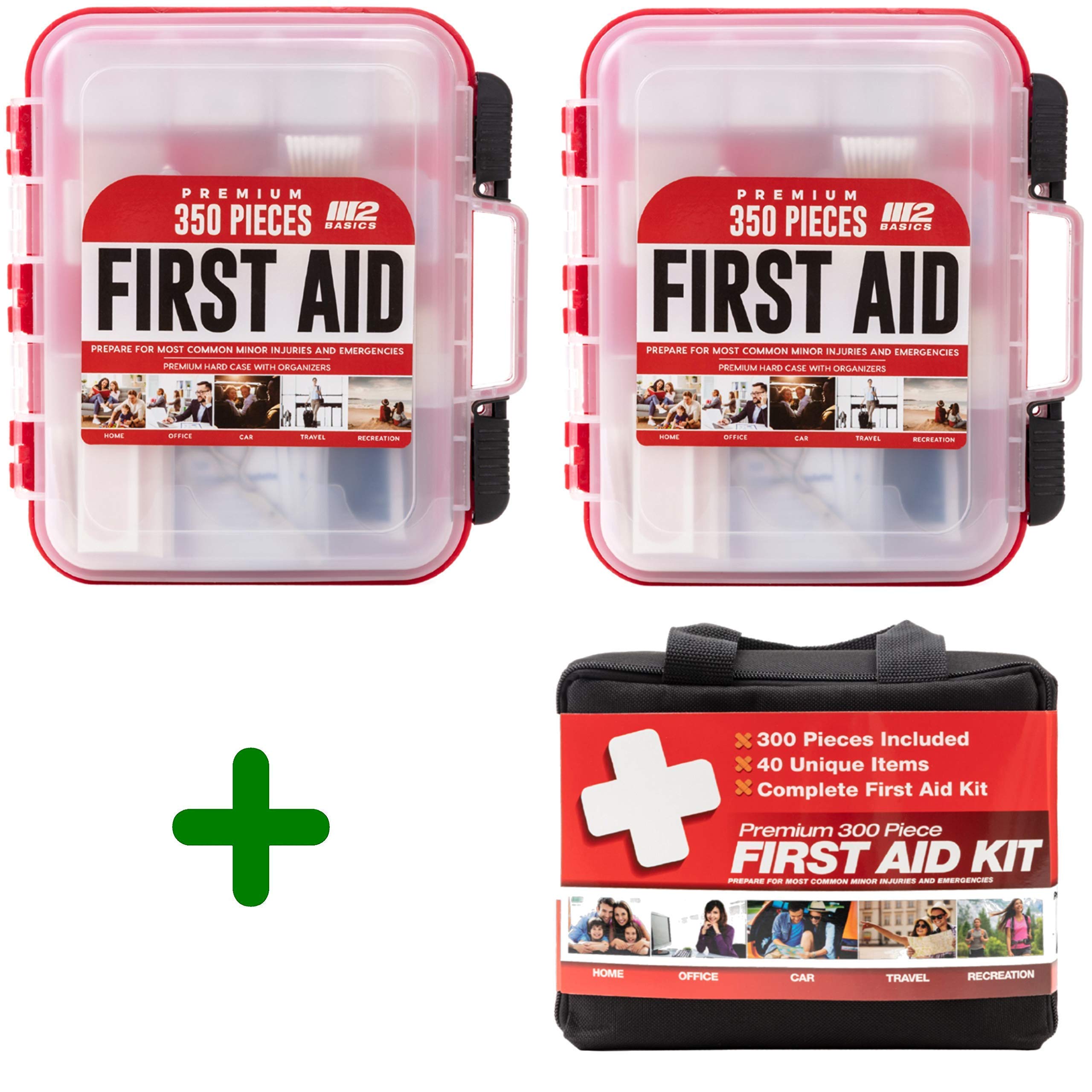 M2 BASICS First Aid Kit Bundle - 3 Pack (2) 350 Piece + (1) 300 Piece Emergency Medical Supplies for Home, Car, Camping & Workplace Safety