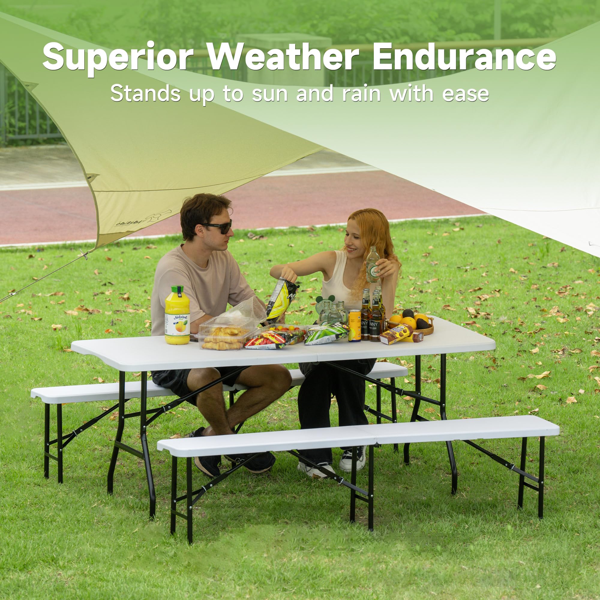 Real Relax 6-Foot Picnic Table Set with 2 Folding Benches | 3-Piece White HDPE Portable Outdoor Dining Set for Camping, Backyard, Garden, Parties & Picnics | Perfect for Family Gatherings, BBQs, and Outdoor Entertaining