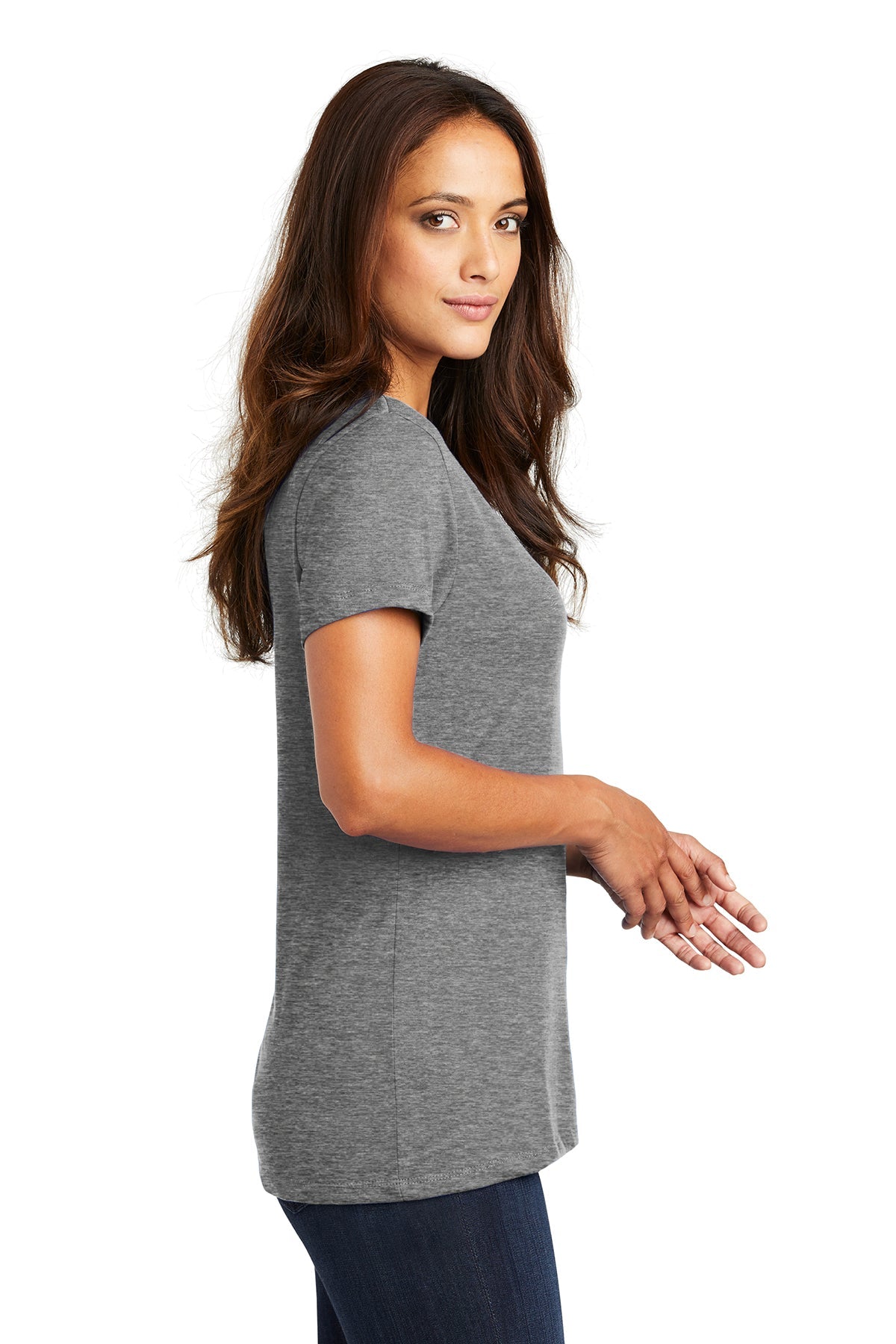 District Made Women's Perfect Weight V-Neck T-Shirt - Soft Heathered Nickel - Casual Everyday Wear & Layering Essential