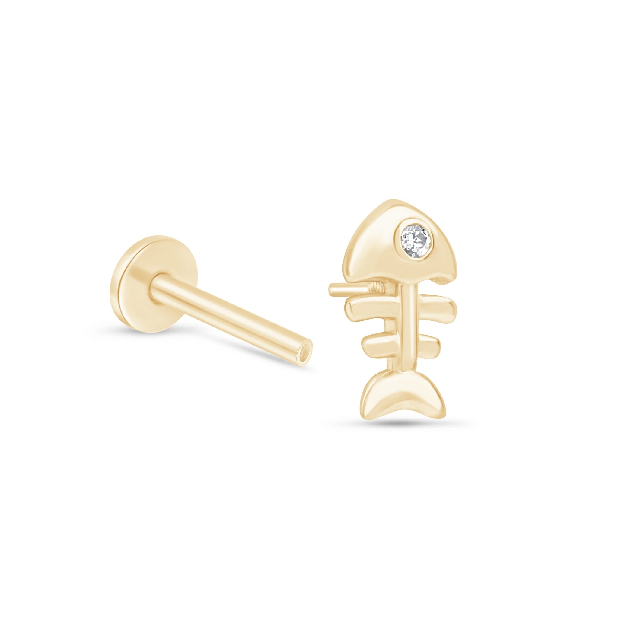 14K Solid Yellow Gold Fishbone Flat Back Stud Earrings - Elegant & Hypoallergenic for Sensitive Ears, Perfect for Daily Wear, Parties & Special Occasions