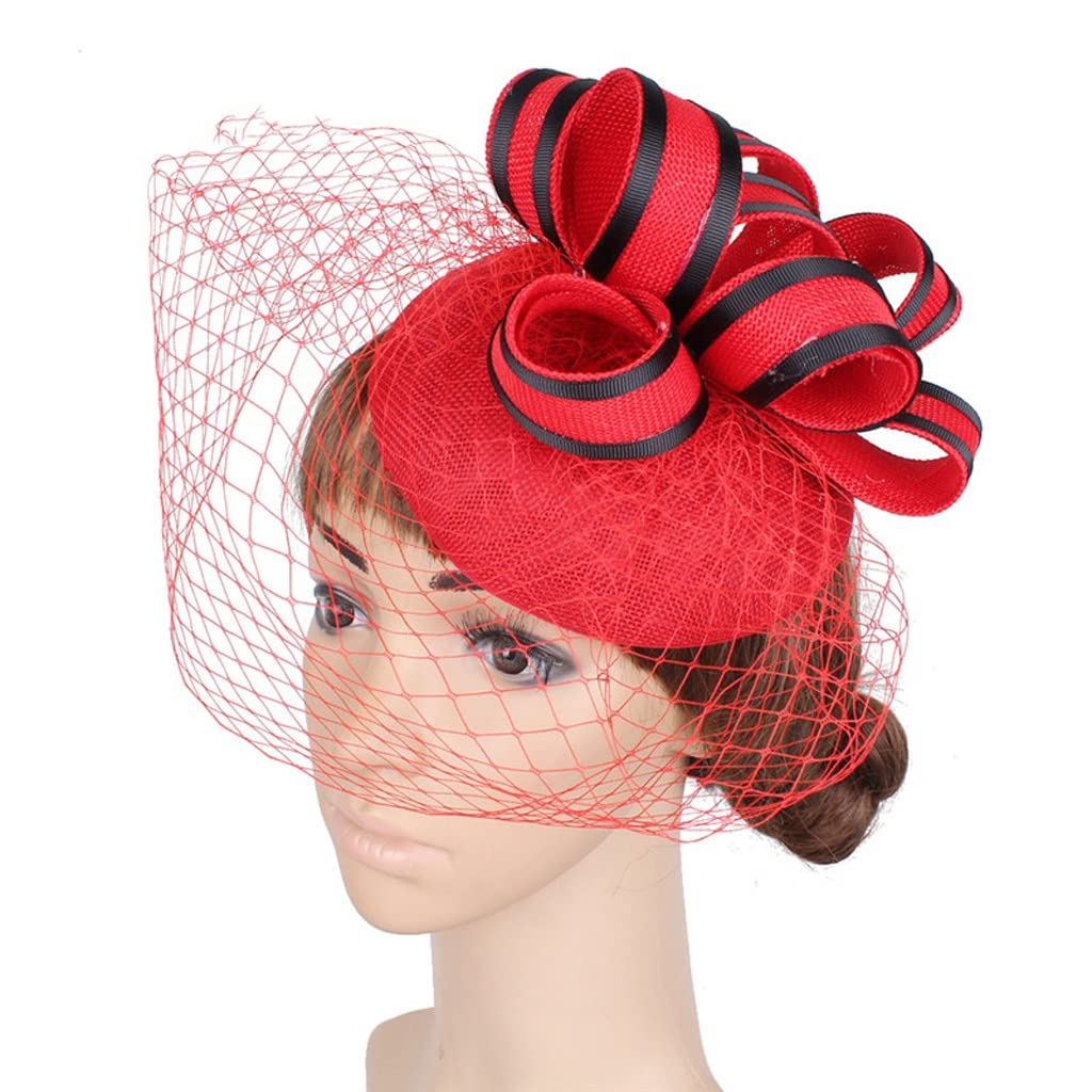 Elegant Red Fascinator Hat for Women - Bridal Wedding Veil Headpiece - Chic Millinery Hat for Special Occasions & Parties - Perfect for Weddings, Tea Parties, and Formal Events