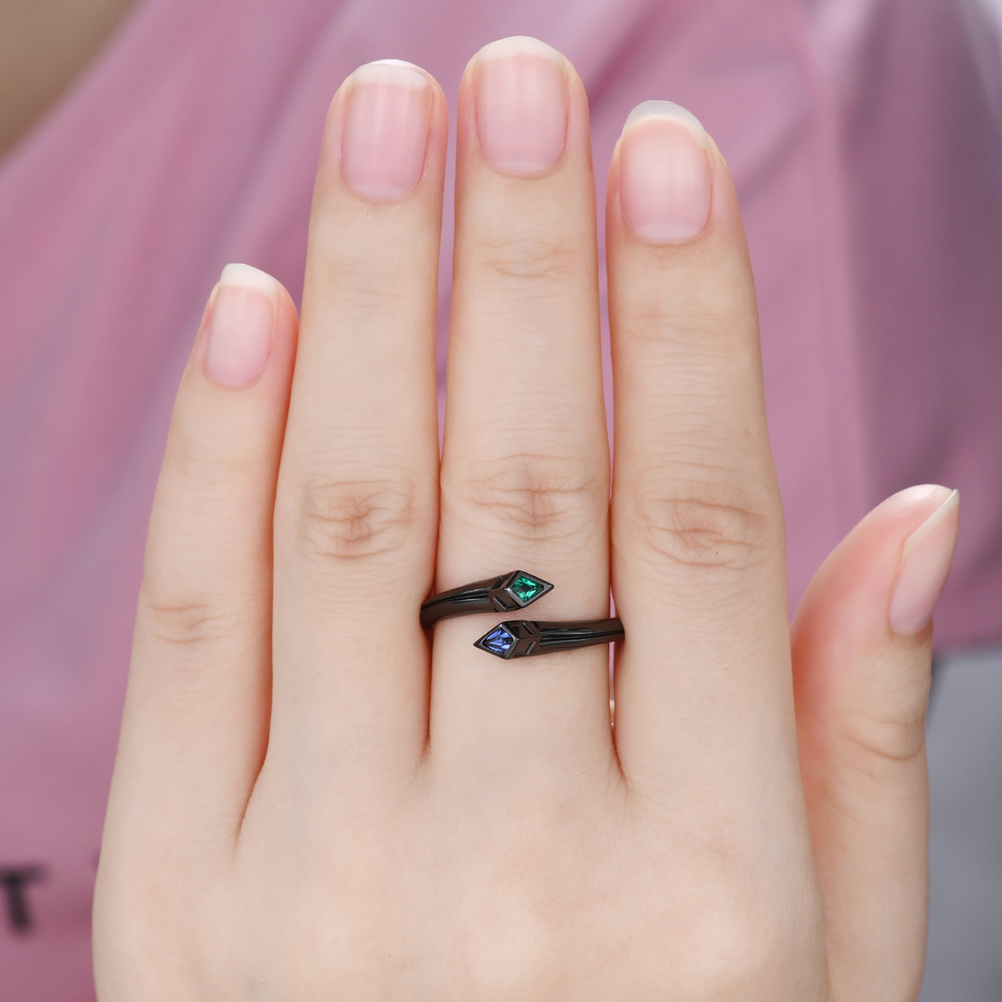 Black Gold Snake Sapphire Emerald Wedding Band - Adjustable Open Ring for Women - Perfect for Engagement, Anniversary & Unique Jewelry Gifts