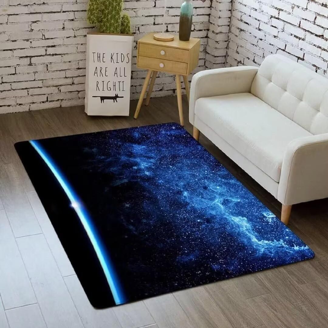 Large Blue Starry Sky Area Rug for Boys Bedroom - 6'×9' Washable Non-Slip Flannel Throw Rug - Universe Galaxy Themed Floor Mat for Playroom & Kids Room Decor - Perfect for Bedside, Nursery, and Play Areas