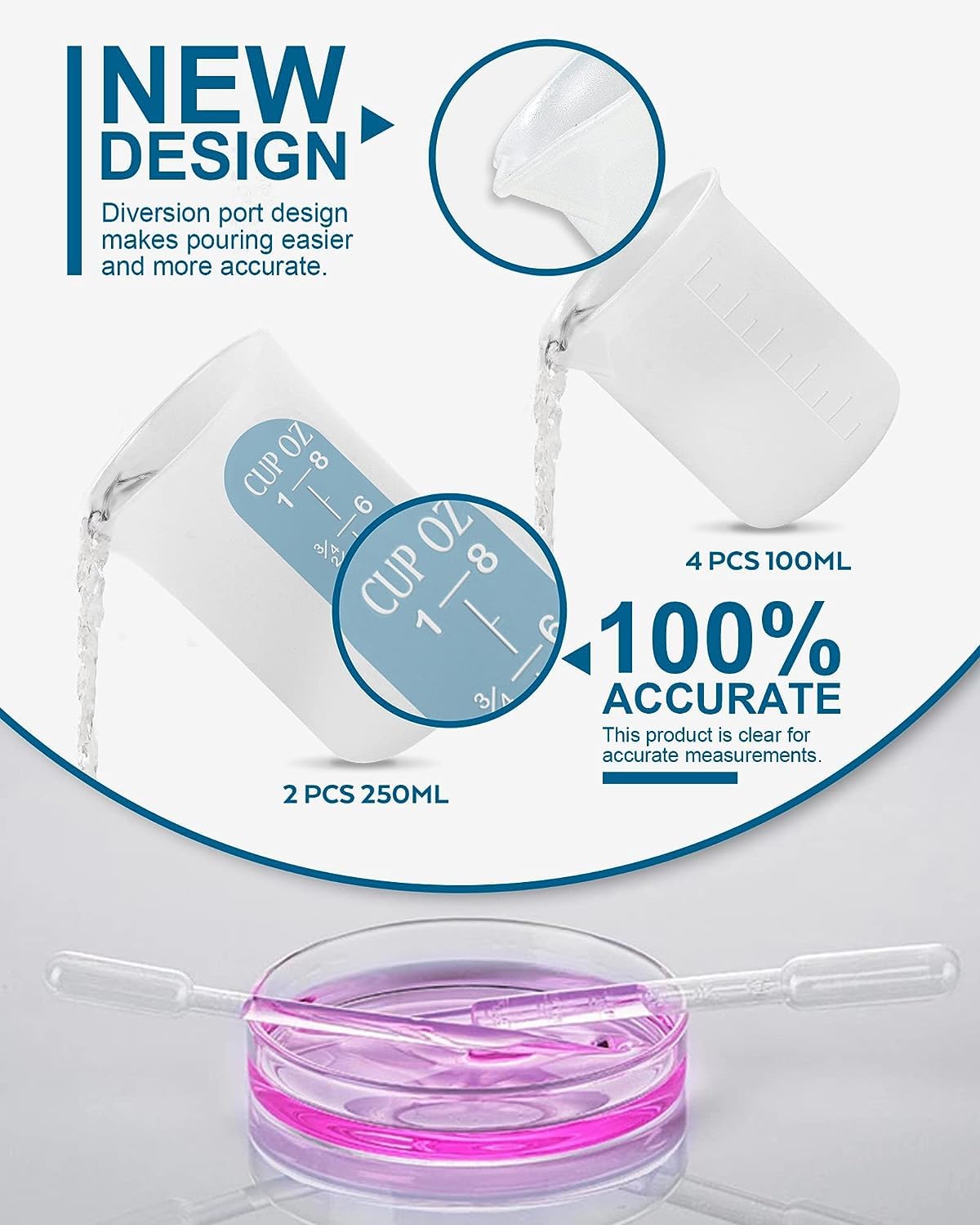 Premium Silicone Measuring Cup Kit - 8oz (250ml & 100ml) Reusable Resin Mixing Cups with Pipettes & Stir Sticks for Epoxy, Art Crafts, DIY Jewelry Making - Perfect for Resin Casting, Soap Making, and Kitchen Measurements